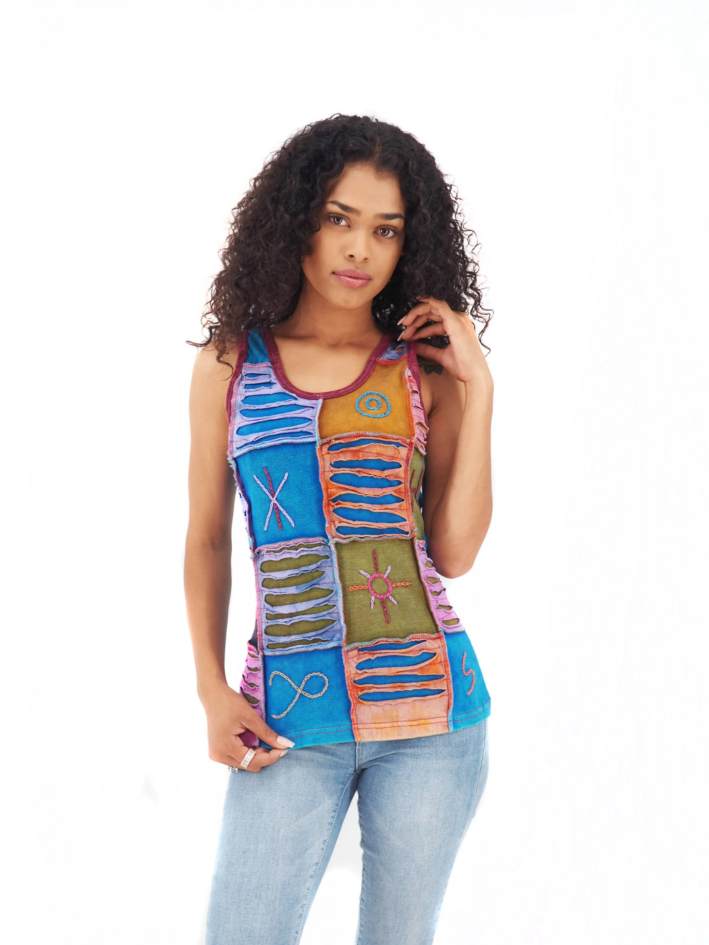 Handmade Patchwork Boho Tank Top 100% Pre-Washed Cotton Blue Tones S-M-L-XL