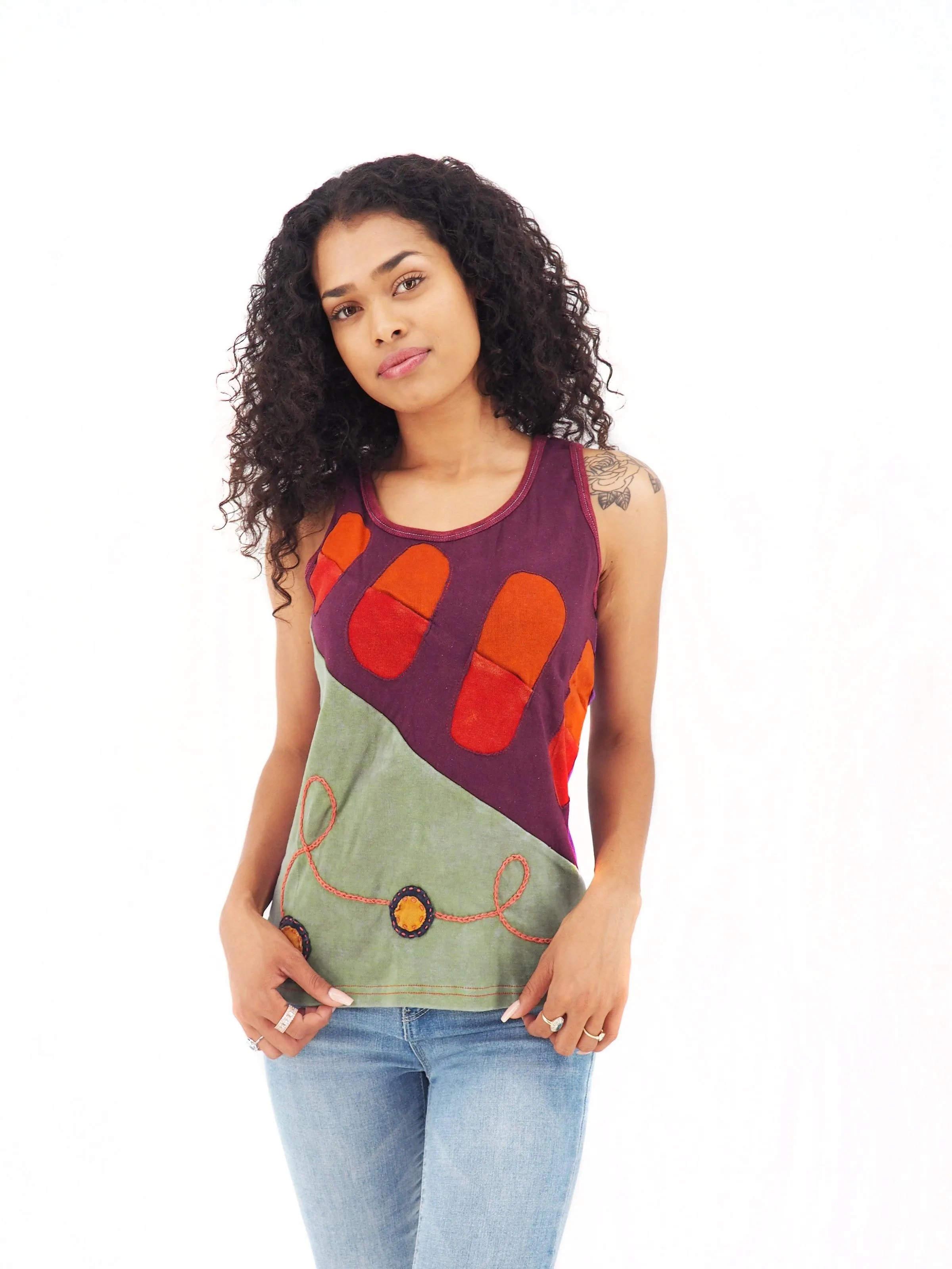 Handmade Patchwork Boho Tank Top 100% Pre-Washed Cotton Eggplant Green Tones S-M-L-XL