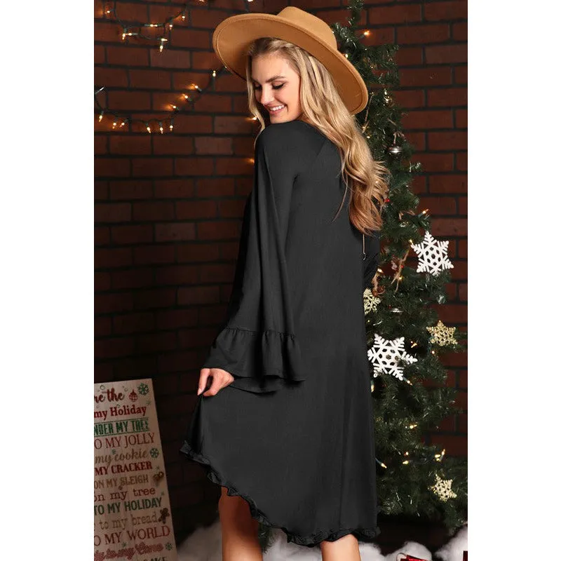 Hi-Low Bell Sleeve Dress with Ruffle Detail