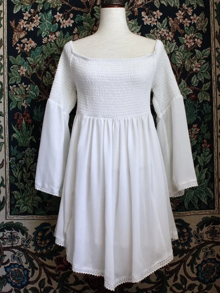 Historically Inspired Bell Sleeve Smocked Chemise Dress in White - Size 1X-2X