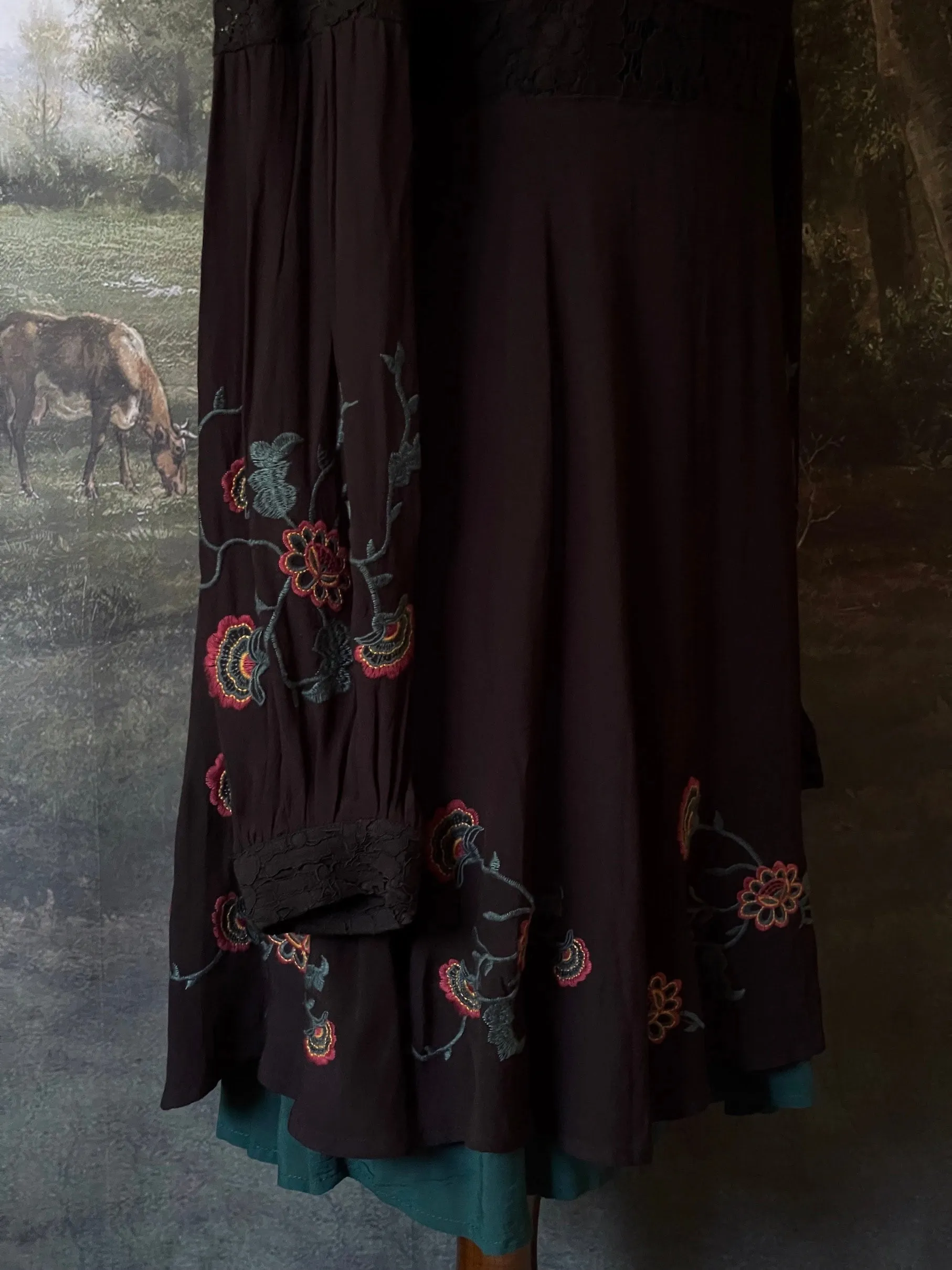 Historically Inspired Black Floral Embroidered Mini Dress with Bishop Sleeves - Size M-L