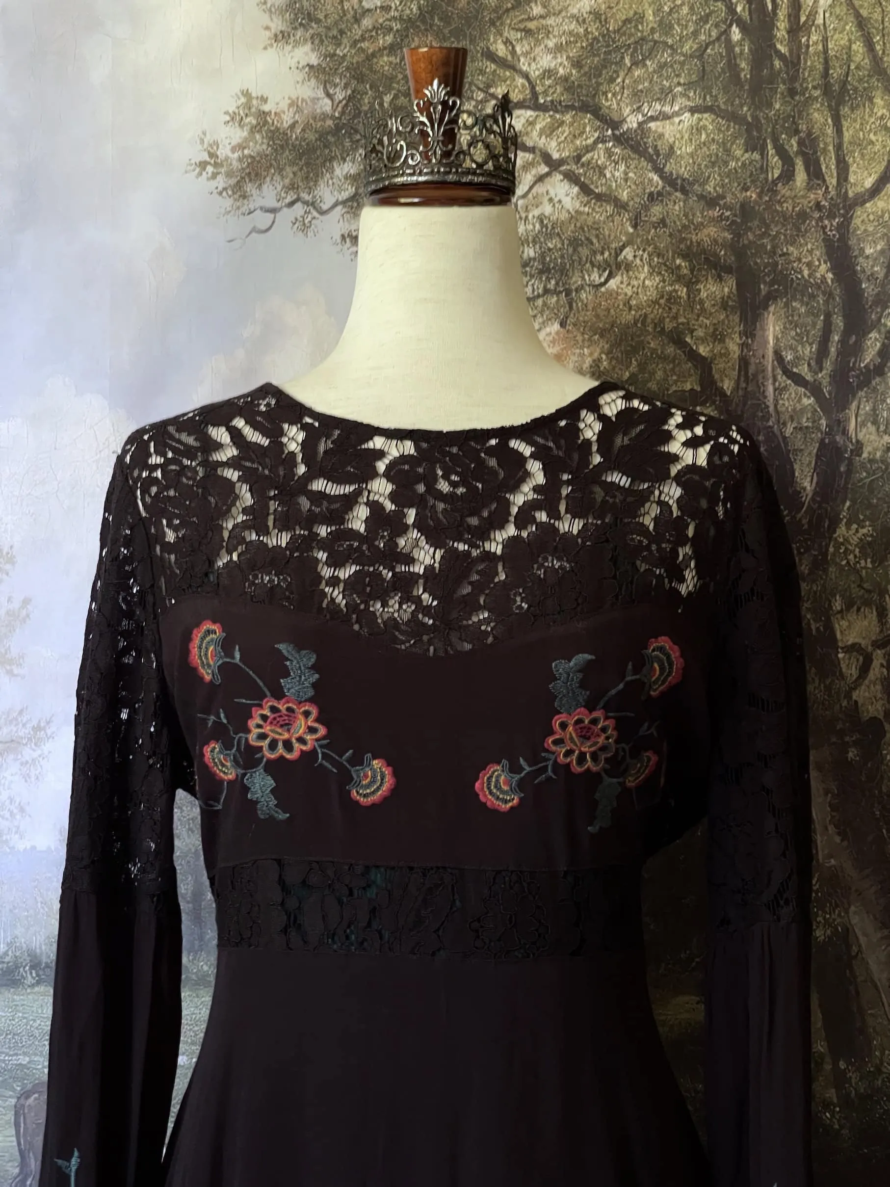 Historically Inspired Black Floral Embroidered Mini Dress with Bishop Sleeves - Size M-L