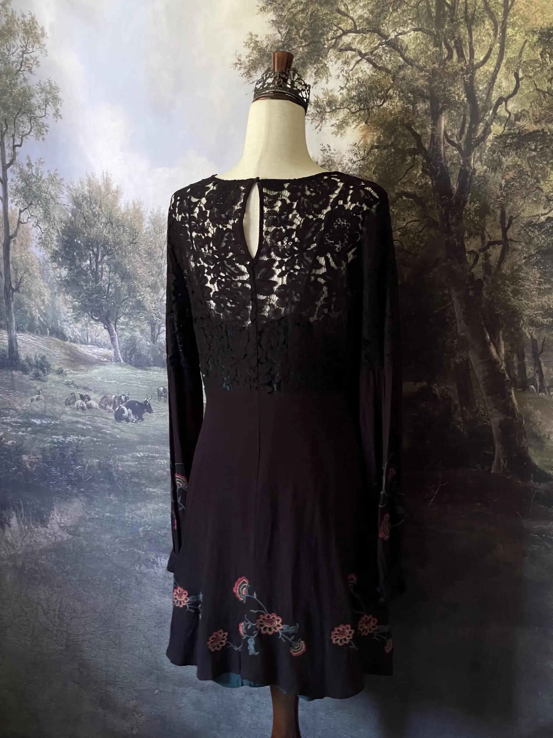 Historically Inspired Black Floral Embroidered Mini Dress with Bishop Sleeves - Size M-L