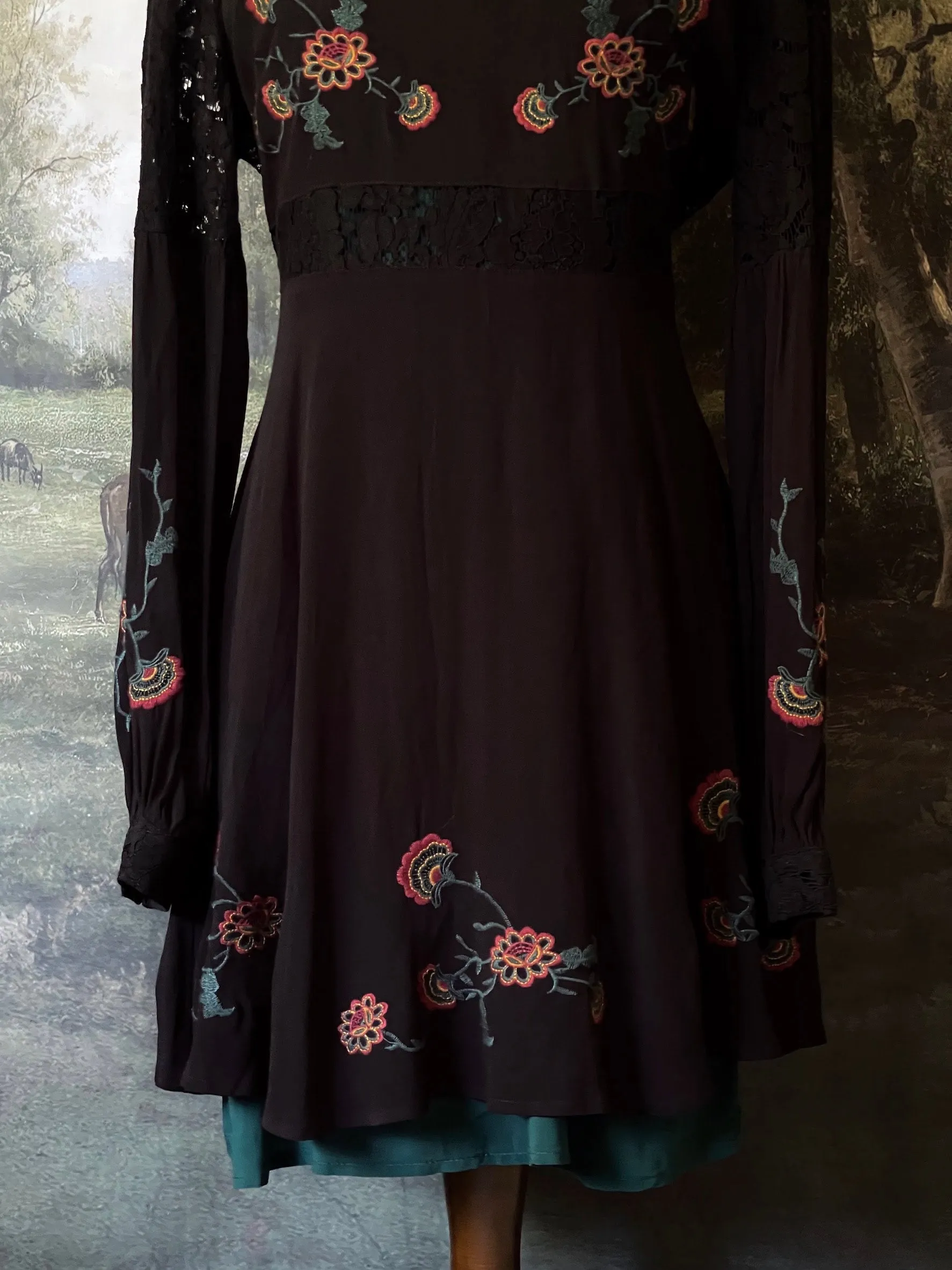 Historically Inspired Black Floral Embroidered Mini Dress with Bishop Sleeves - Size M-L