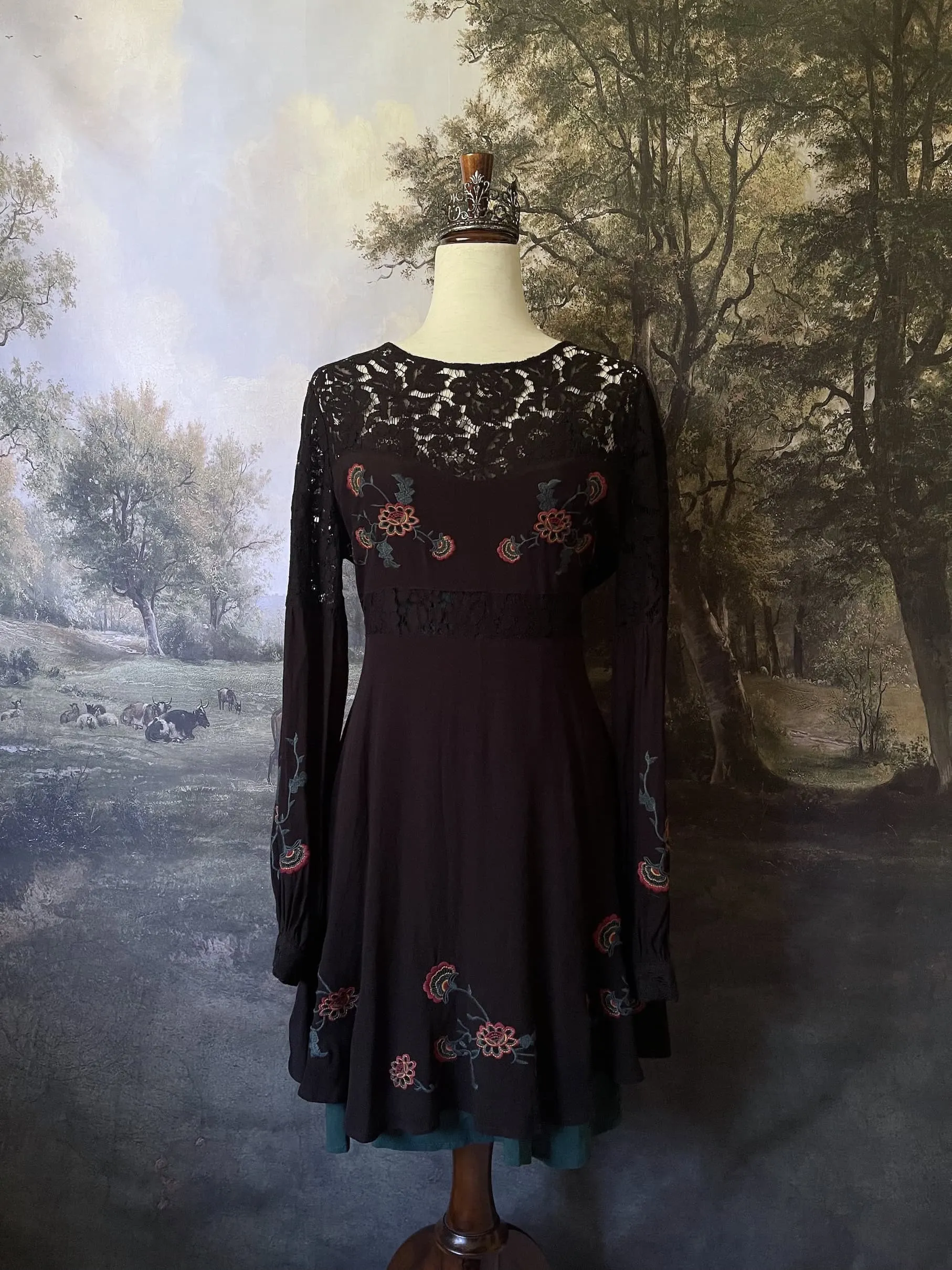 Historically Inspired Black Floral Embroidered Mini Dress with Bishop Sleeves - Size M-L