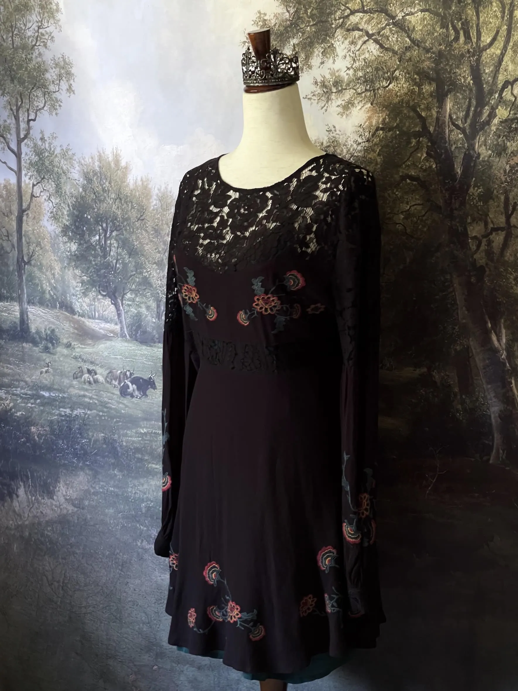 Historically Inspired Black Floral Embroidered Mini Dress with Bishop Sleeves - Size M-L