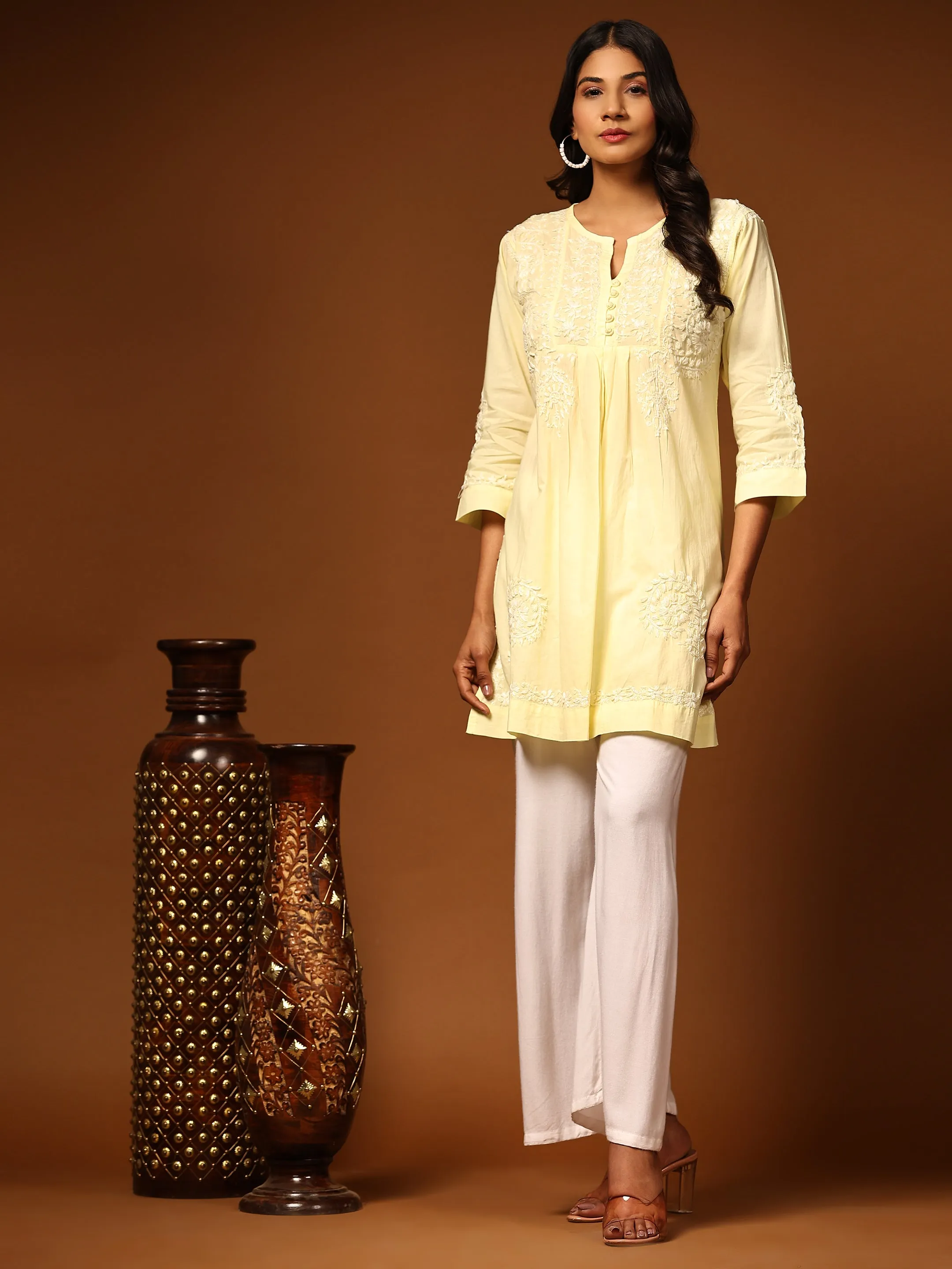 HOK chikankari Tunic for Women -Yellow