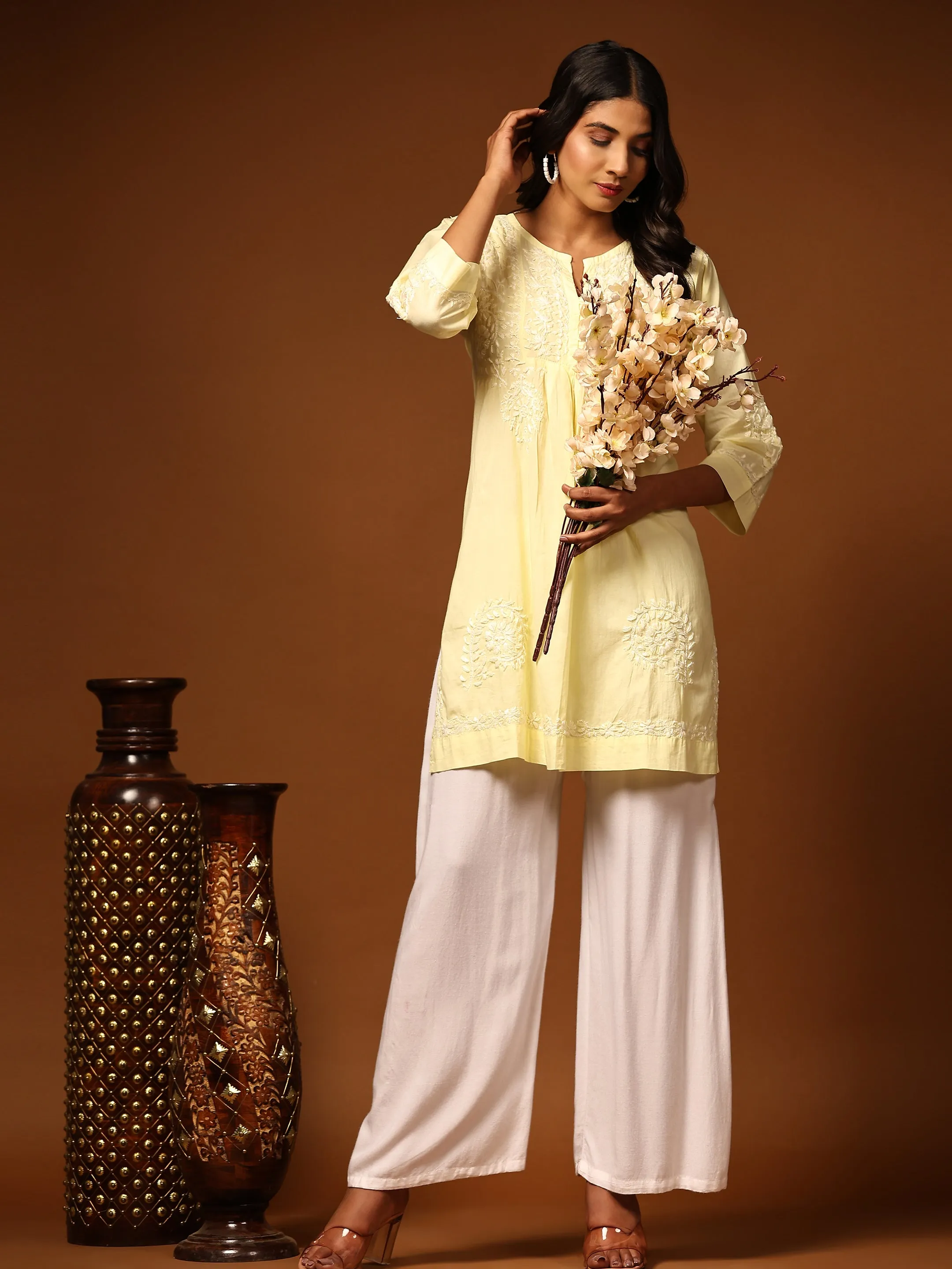 HOK chikankari Tunic for Women -Yellow