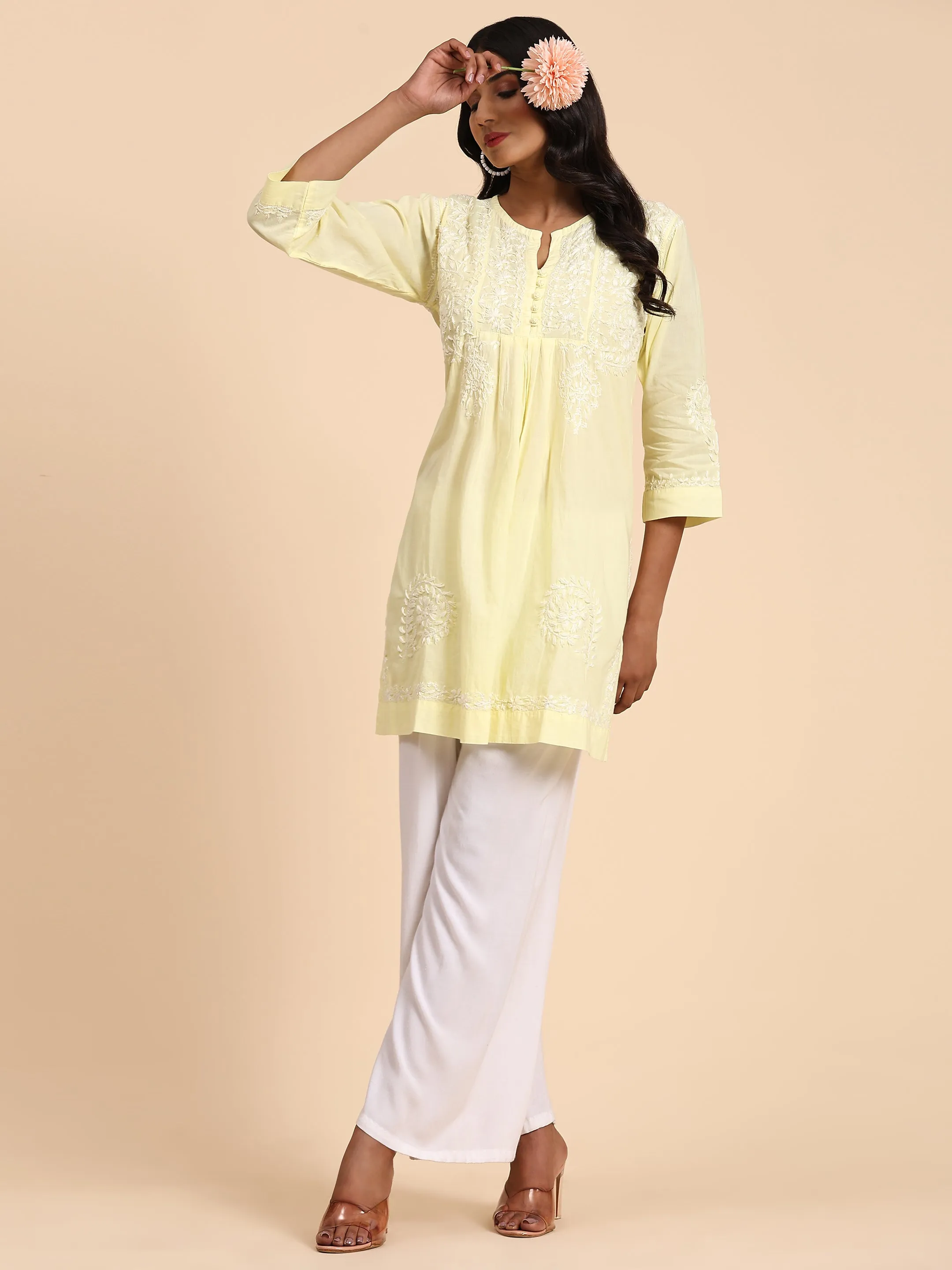 HOK chikankari Tunic for Women -Yellow