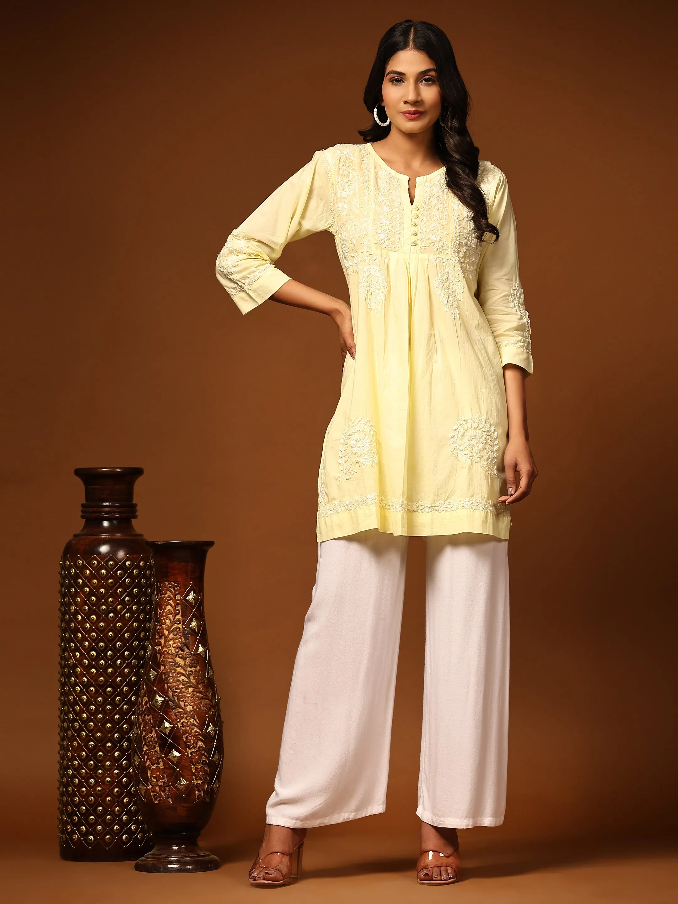 HOK chikankari Tunic for Women -Yellow