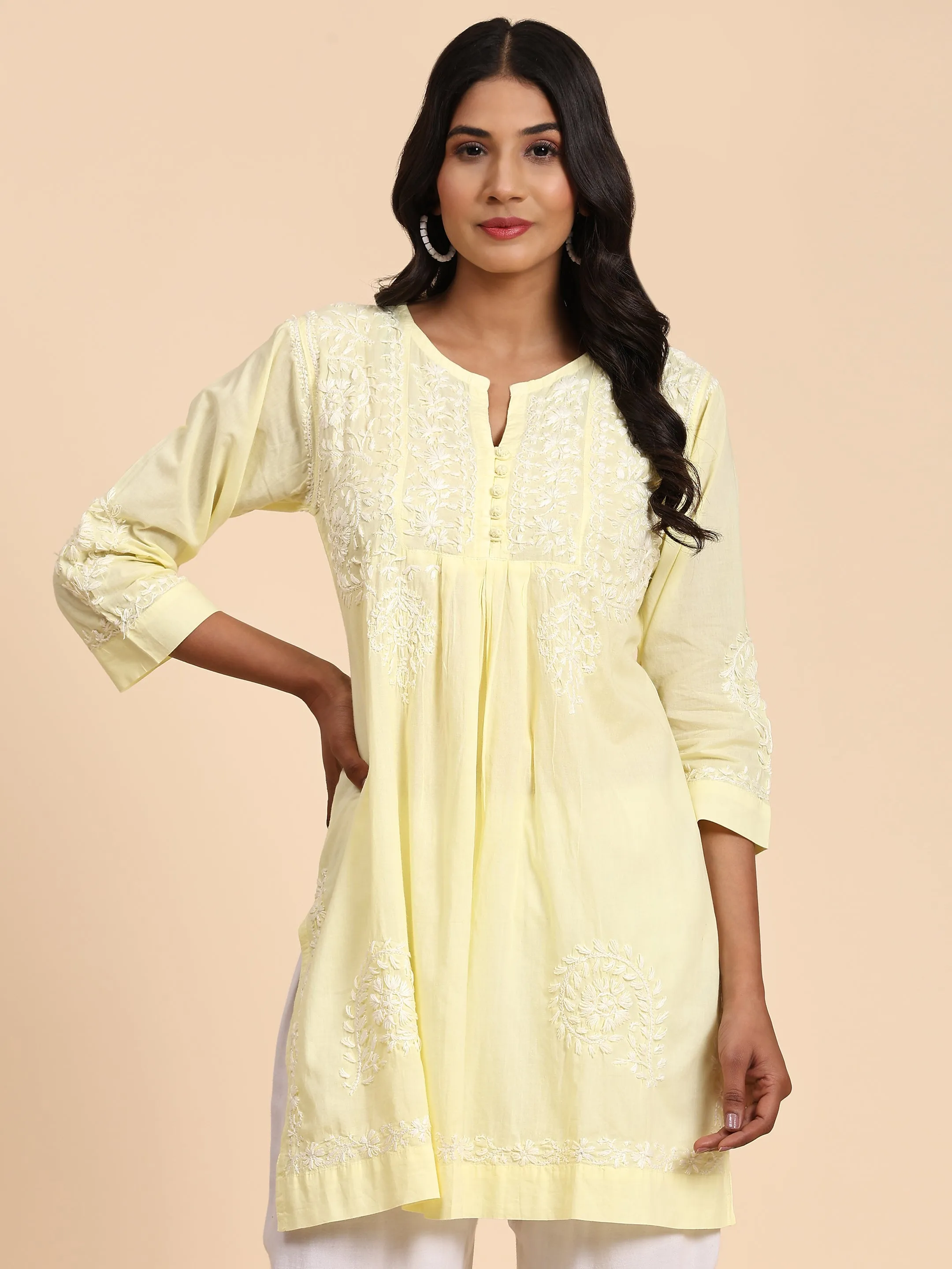 HOK chikankari Tunic for Women -Yellow