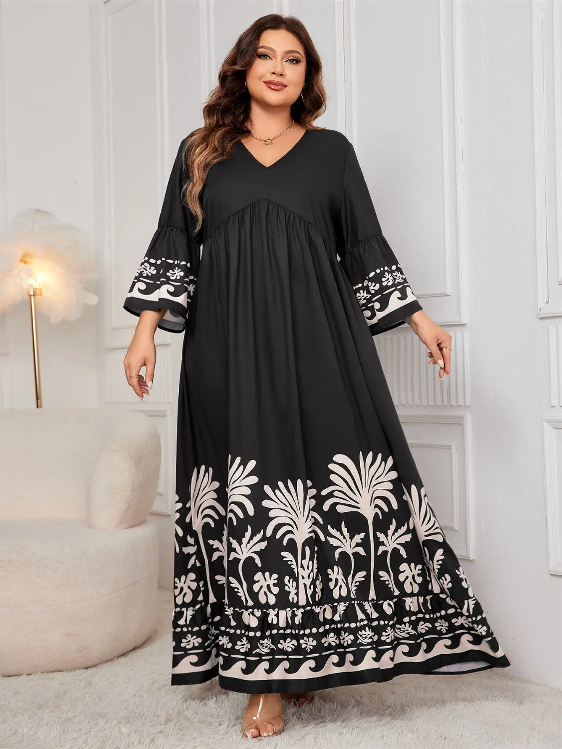 Honey Plus Size Printed V-Neck Long Sleeve Maxi Dress