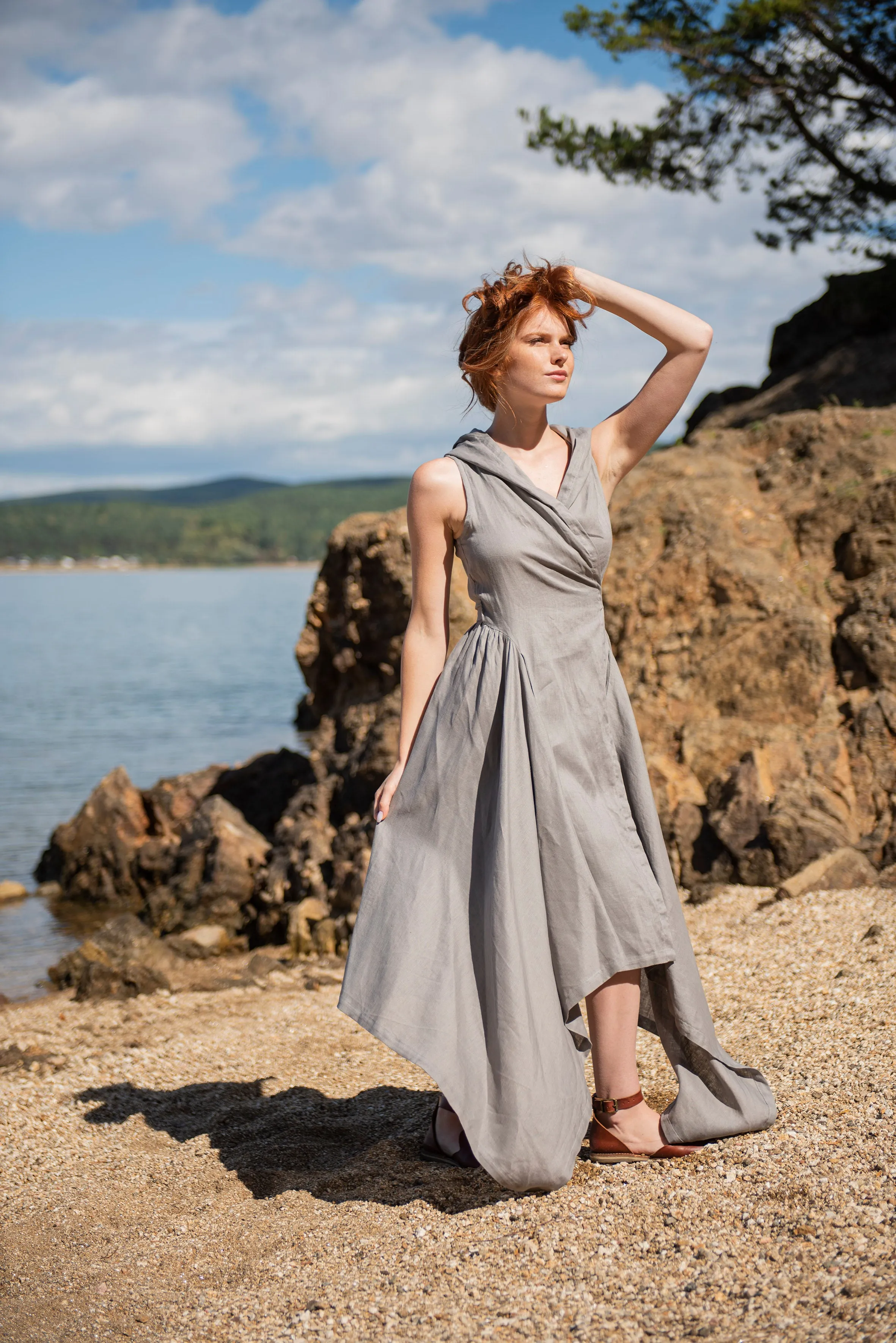 Hooded Linen Asymmetric Dress