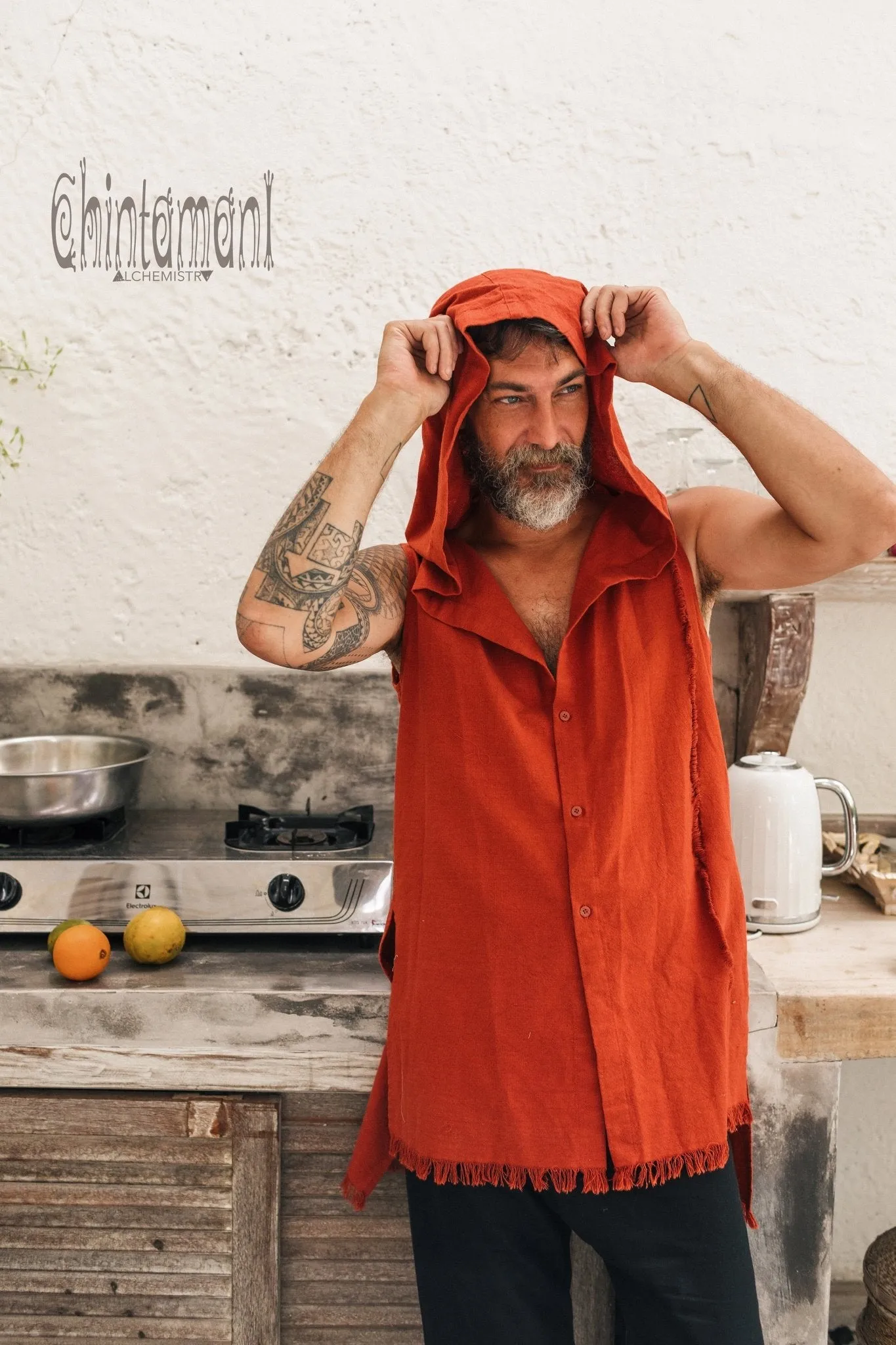 Hooded Vest Shirt for Men / Printed Tank Top with Huge Hood / Red Ochre