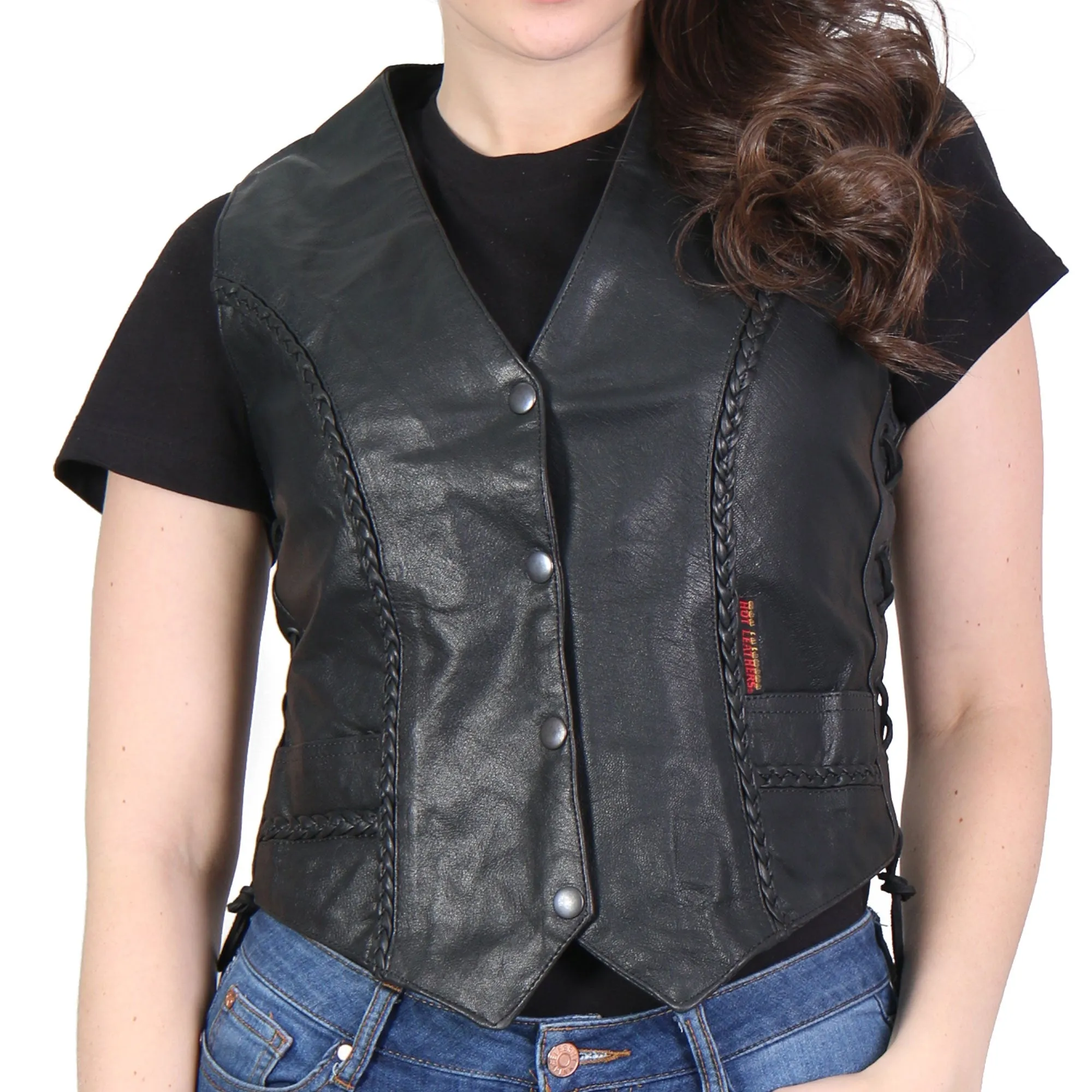 Hot Leathers VSL1006 Ladies Motorcycle Black Leather Braided Biker Vest