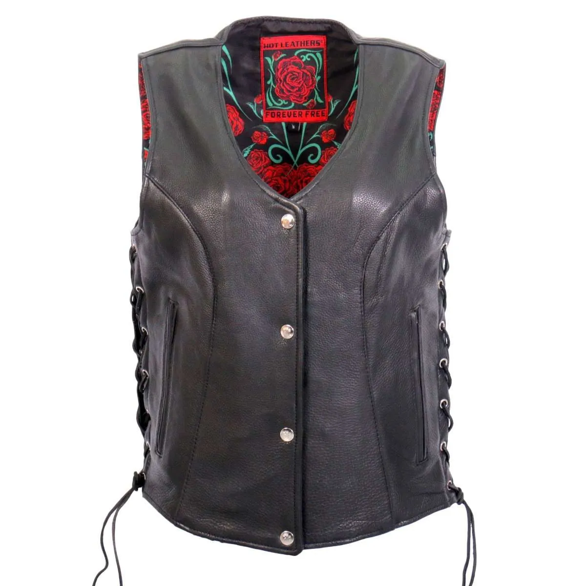 Hot Leathers VSL1019 Ladies 'Red Rose' Lined Black Leather MC Vest