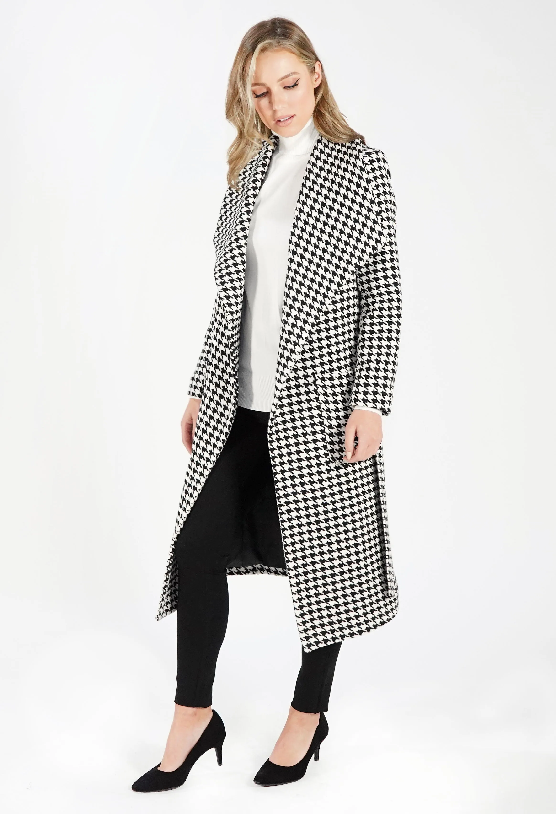 Houndstooth Waterfall Front Coat with Tie Waist