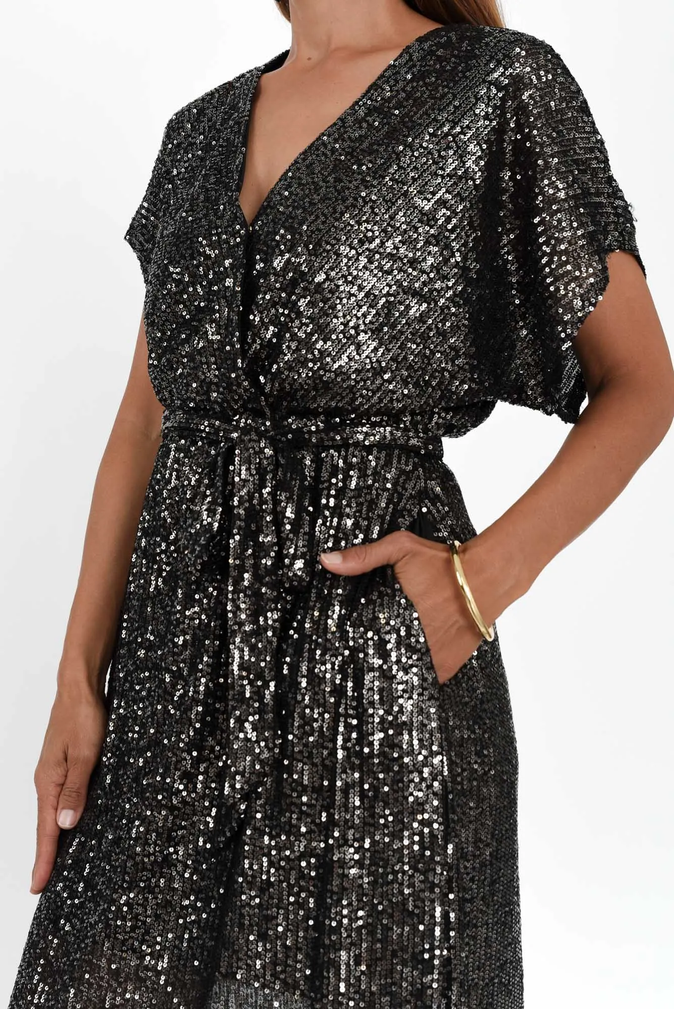 Impression Charcoal Sequin Tie Dress