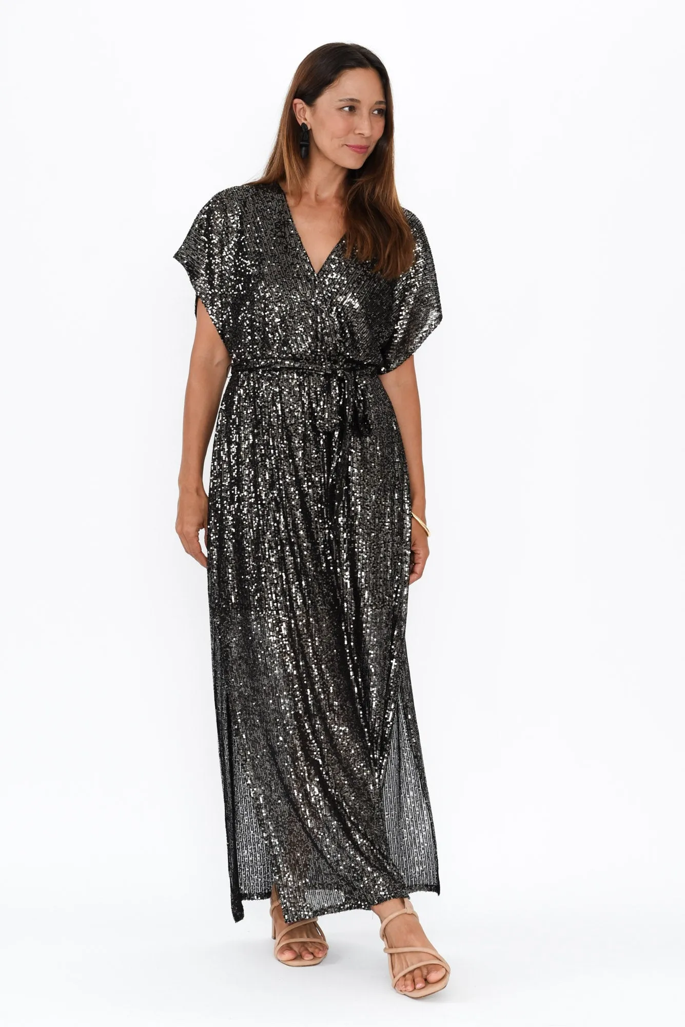 Impression Charcoal Sequin Tie Dress