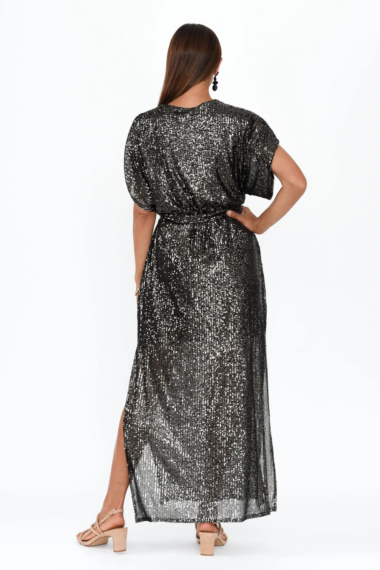 Impression Charcoal Sequin Tie Dress