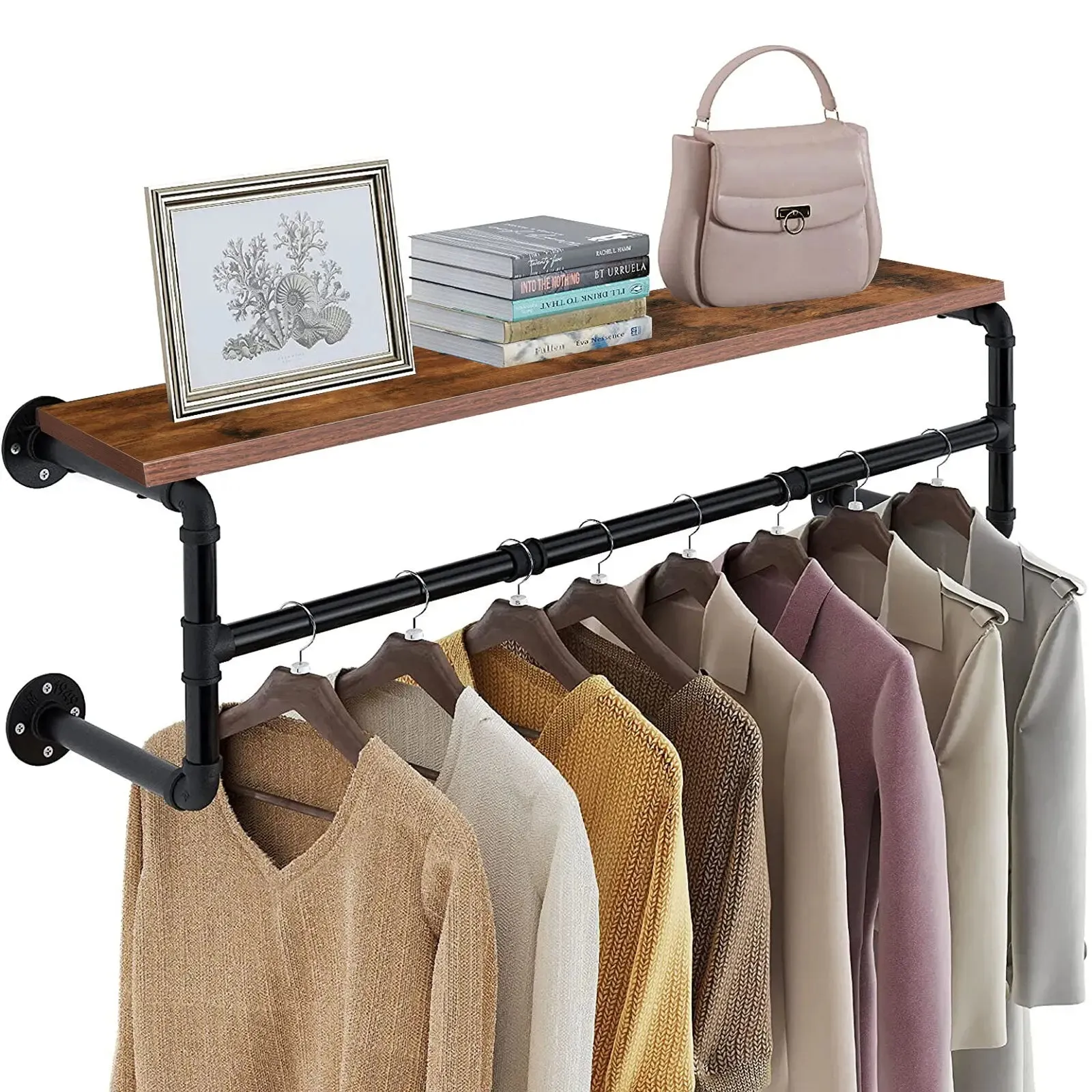 Industrial Pipe Clothing Rack Wall Mounted Wood Shelf Pipe Shelving Floating Shelves Retail Garment Rack Display Racks