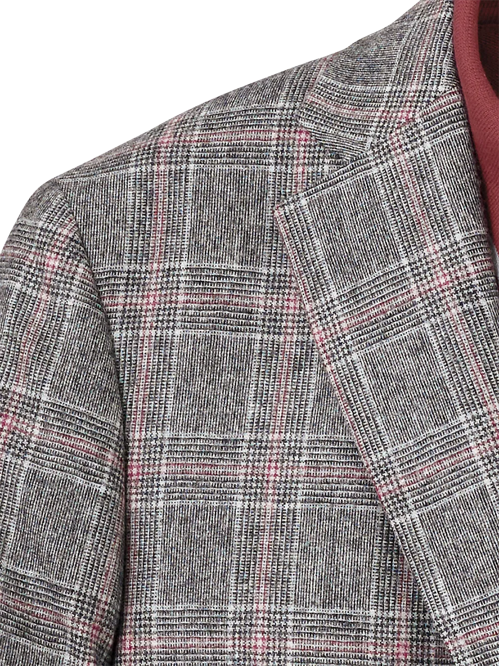 Italian Wool Blend Plaid Single Breasted Notch Lapel Sport Coat - Grey/red