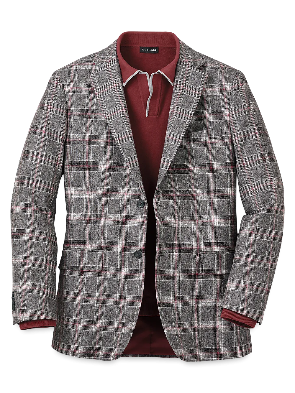 Italian Wool Blend Plaid Single Breasted Notch Lapel Sport Coat - Grey/red