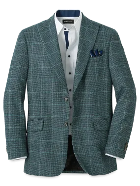 Italian Wool Plaid Single Breasted Peak Lapel Sport Coat - Teal