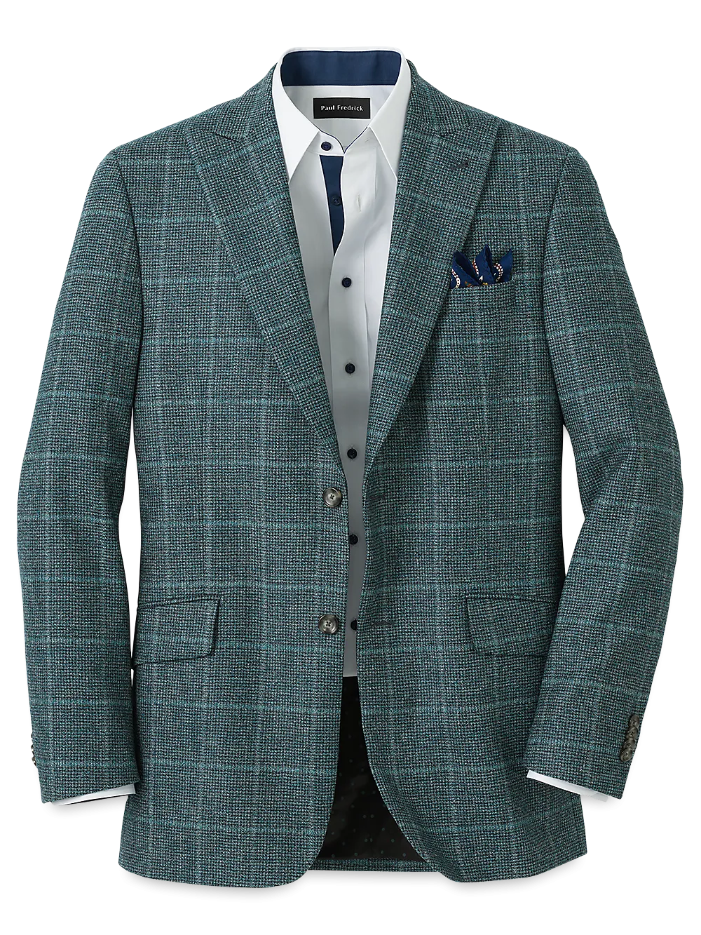 Italian Wool Plaid Single Breasted Peak Lapel Sport Coat - Teal