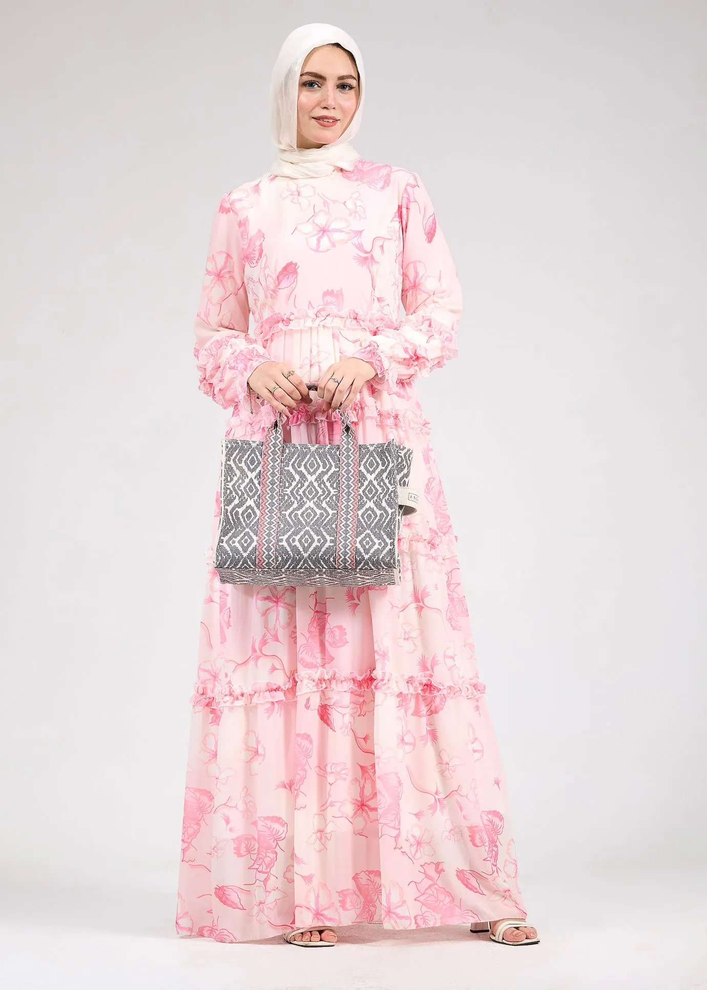 Jalila Delicate Floral Chiffon Maxi Dress with Ruffle Tiers