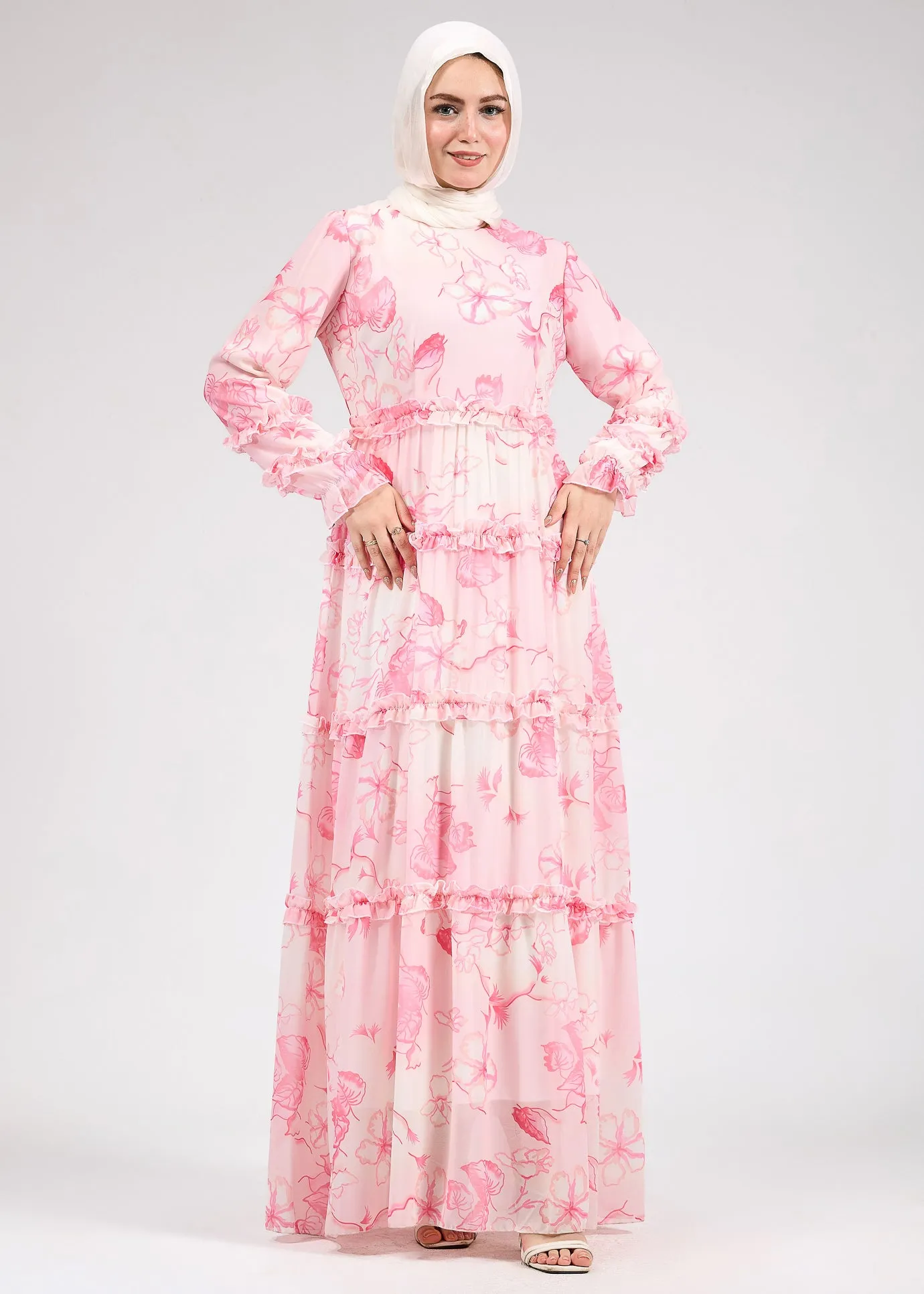 Jalila Delicate Floral Chiffon Maxi Dress with Ruffle Tiers