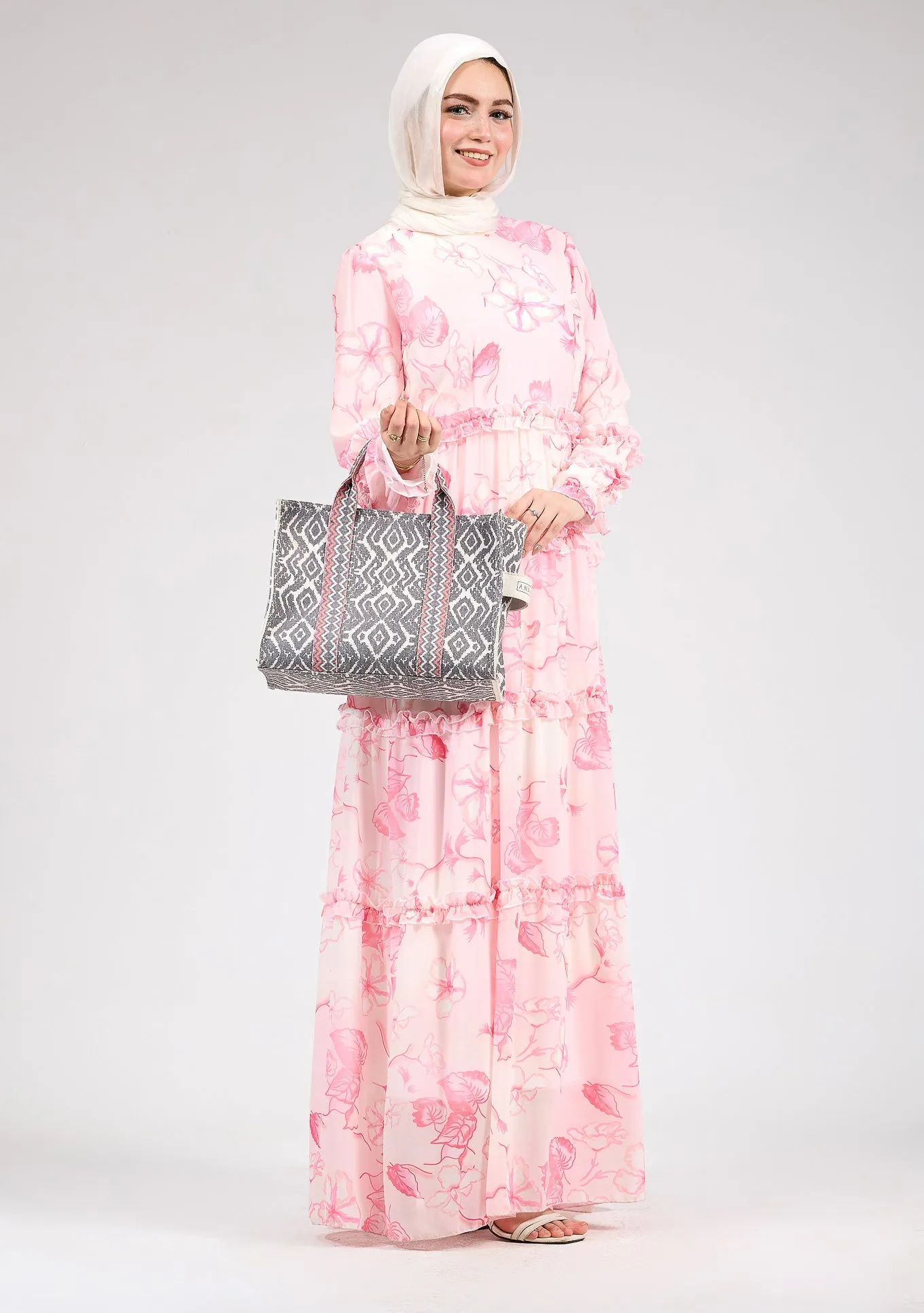 Jalila Delicate Floral Chiffon Maxi Dress with Ruffle Tiers