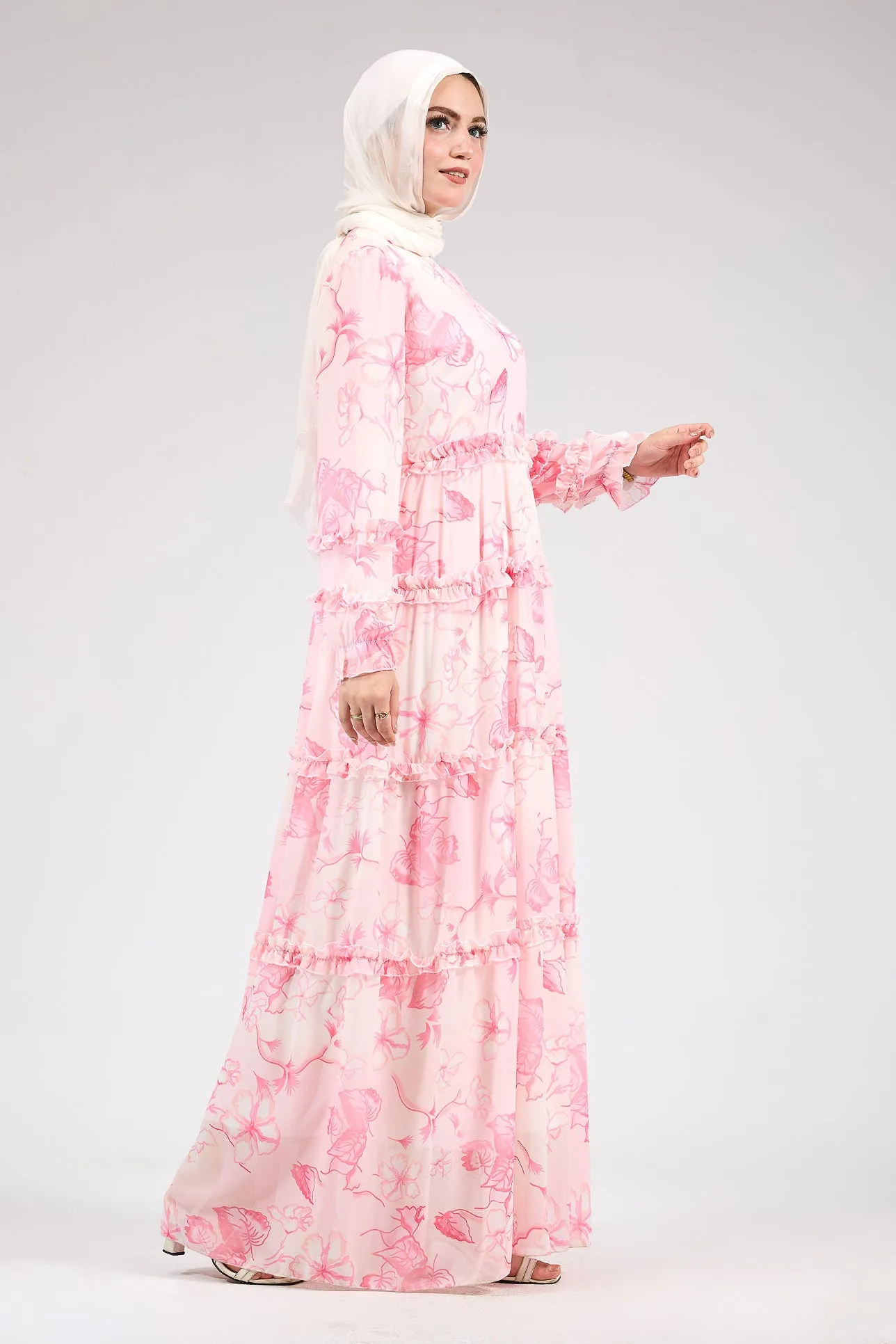 Jalila Delicate Floral Chiffon Maxi Dress with Ruffle Tiers