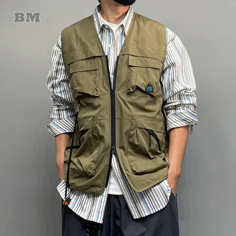 Japanese Multifunctional Pocket Casual Cargo Vest Army Green Tactical Waistcoat