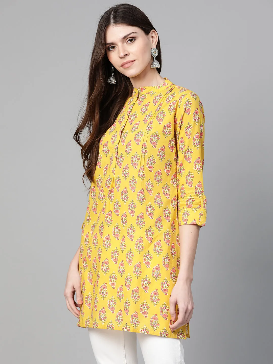 Jashvi Mustard Yellow & Pink Floral Print Tunic