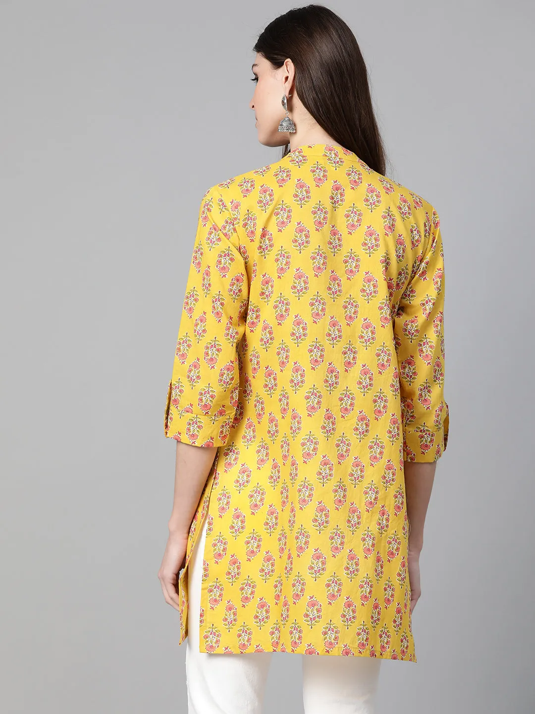 Jashvi Mustard Yellow & Pink Floral Print Tunic