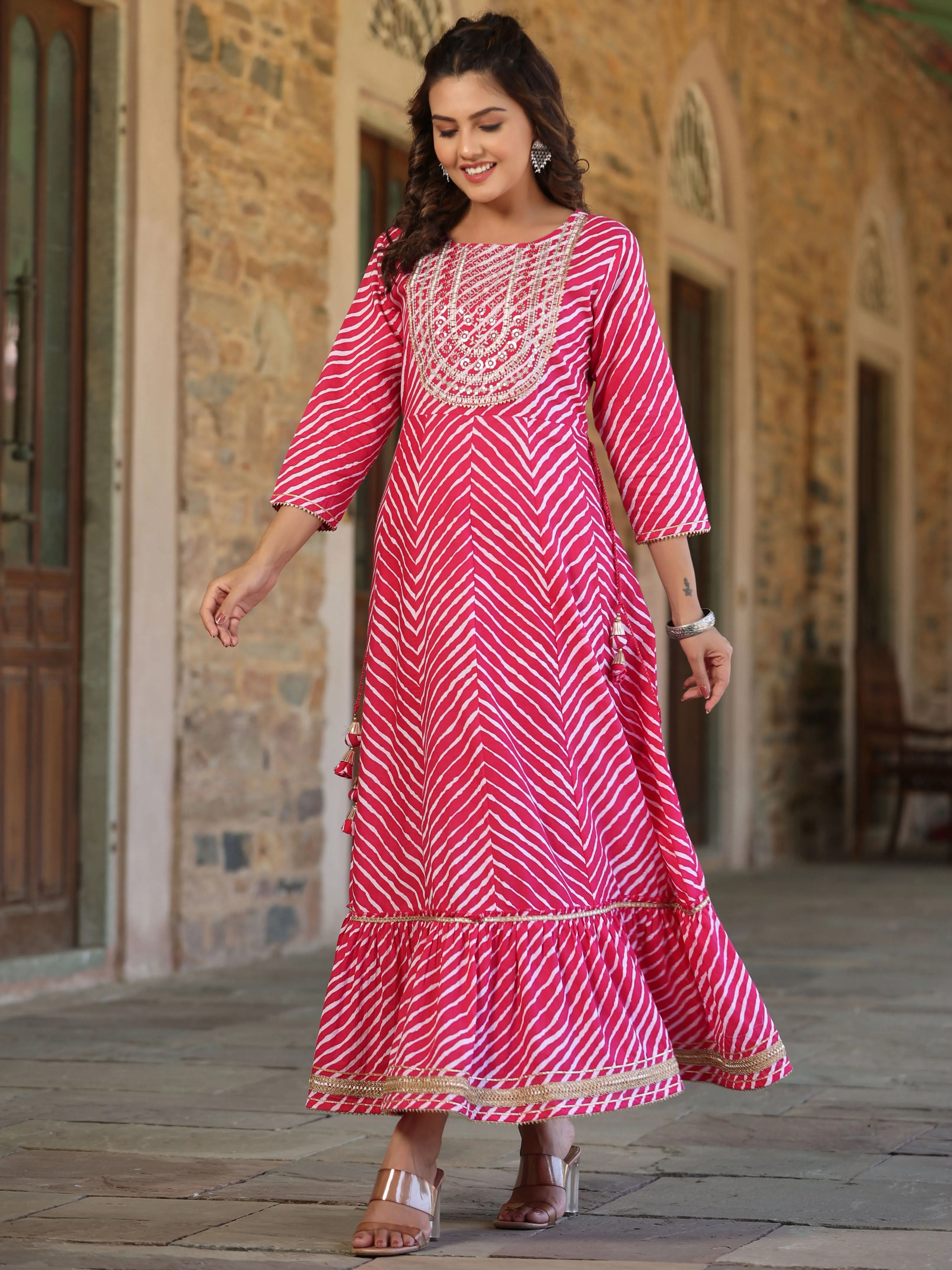 Jashvi Pink Cotton Leheriya Printed Anarkali Dress With Embroidered Yoke & Dori Tie-Up At Waist