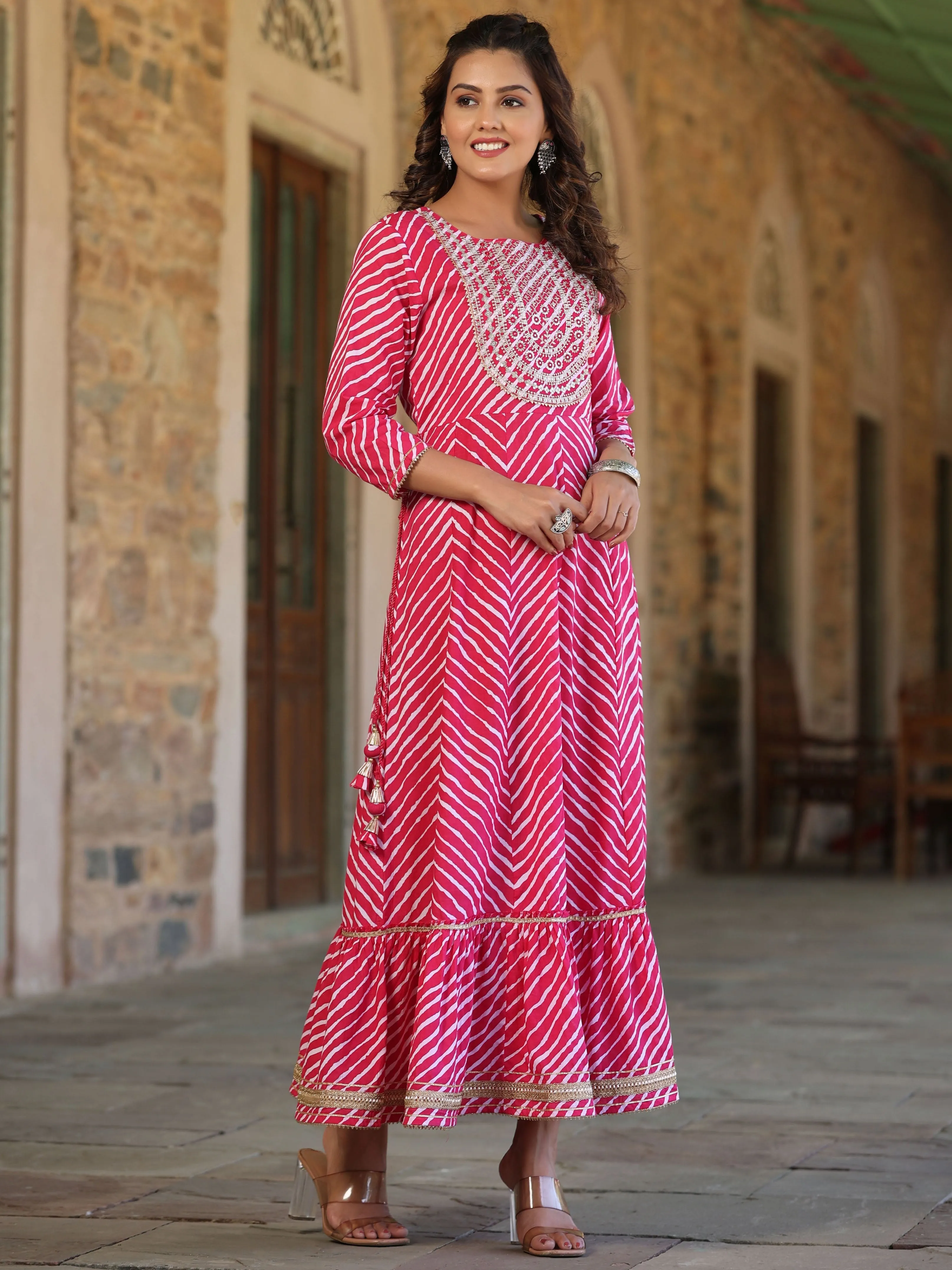 Jashvi Pink Cotton Leheriya Printed Anarkali Dress With Embroidered Yoke & Dori Tie-Up At Waist