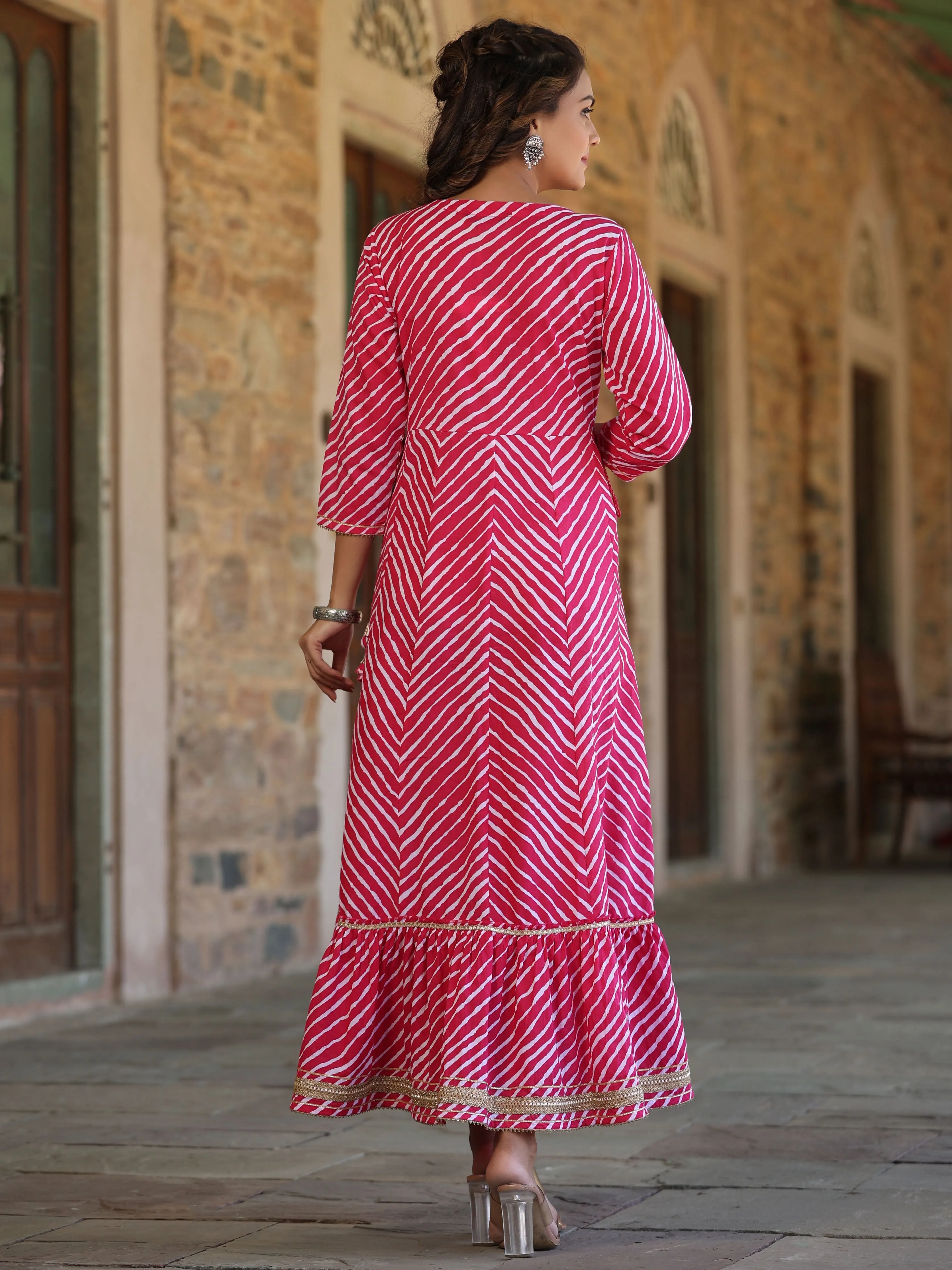 Jashvi Pink Cotton Leheriya Printed Anarkali Dress With Embroidered Yoke & Dori Tie-Up At Waist