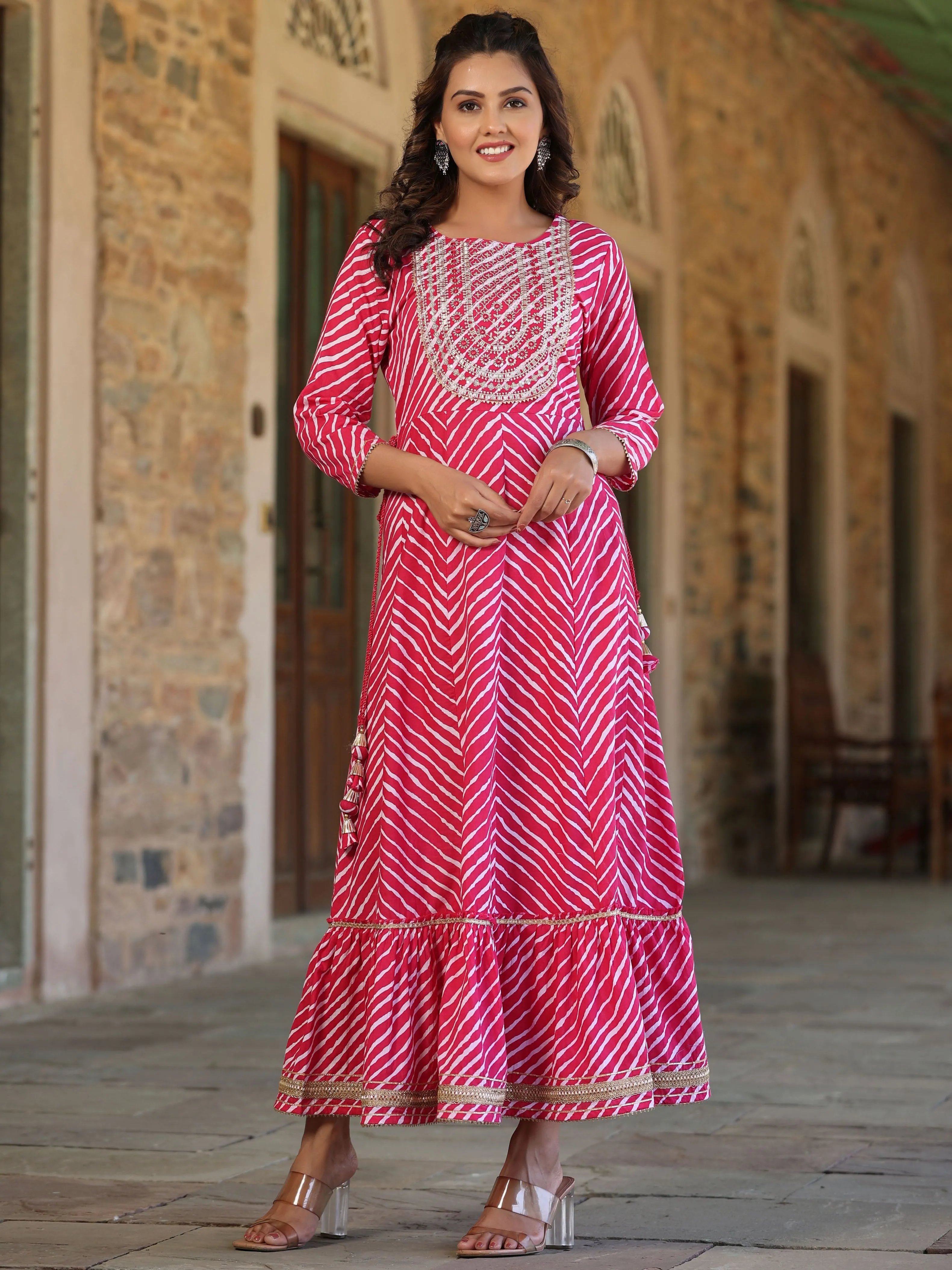 Jashvi Pink Cotton Leheriya Printed Anarkali Dress With Embroidered Yoke & Dori Tie-Up At Waist