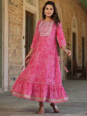 Jashvi Pink Cotton Leheriya Printed Anarkali Dress With Embroidered Yoke & Dori Tie-Up At Waist