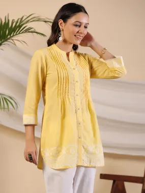 Jashvi Yellow Ethnic Motif Printed Pure Cotton Tunic With Lace Work