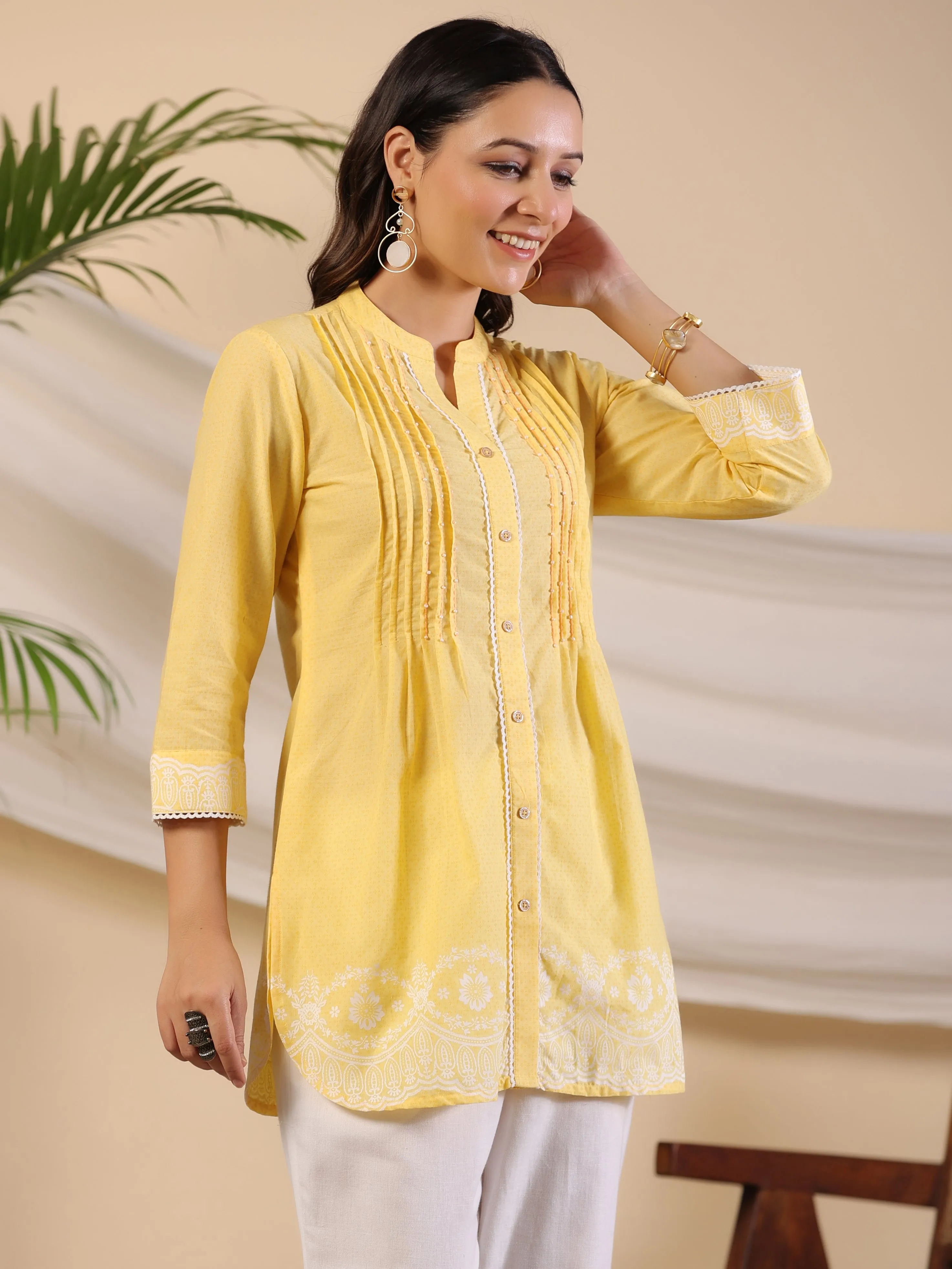 Jashvi Yellow Ethnic Motif Printed Pure Cotton Tunic With Lace Work