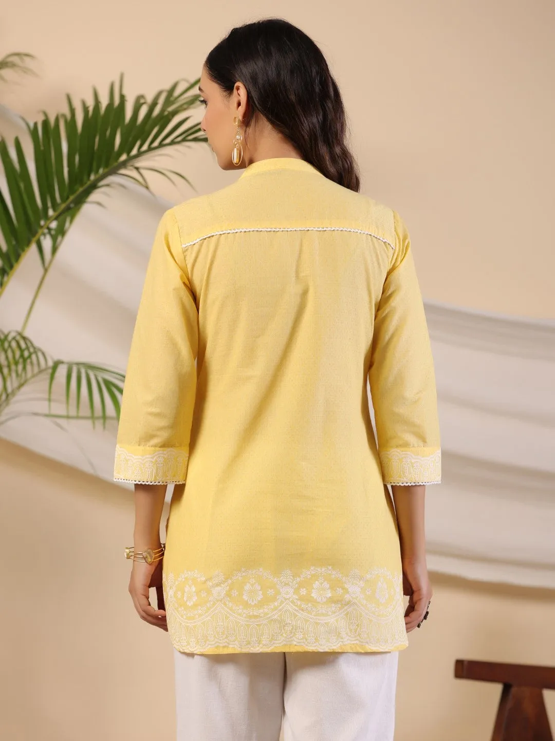 Jashvi Yellow Ethnic Motif Printed Pure Cotton Tunic With Lace Work