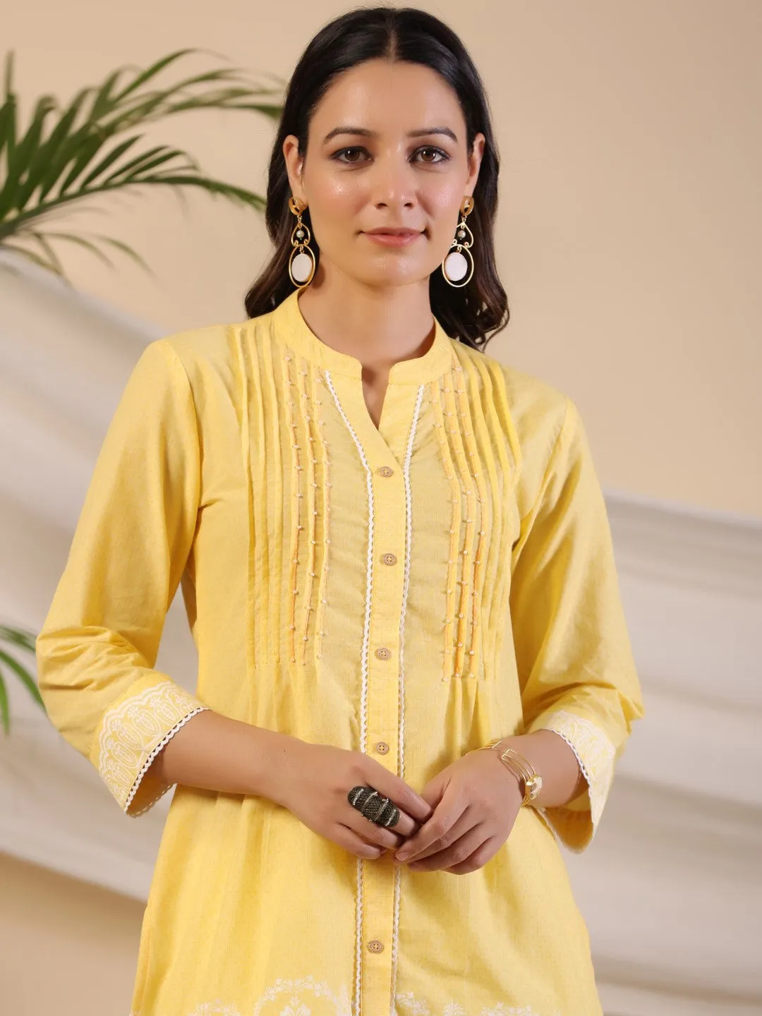 Jashvi Yellow Ethnic Motif Printed Pure Cotton Tunic With Lace Work