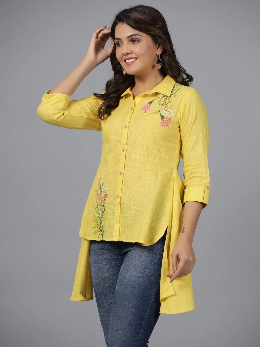 Jashvi Yellow Floral Printed Cotton Slub Tunic With Thread Work