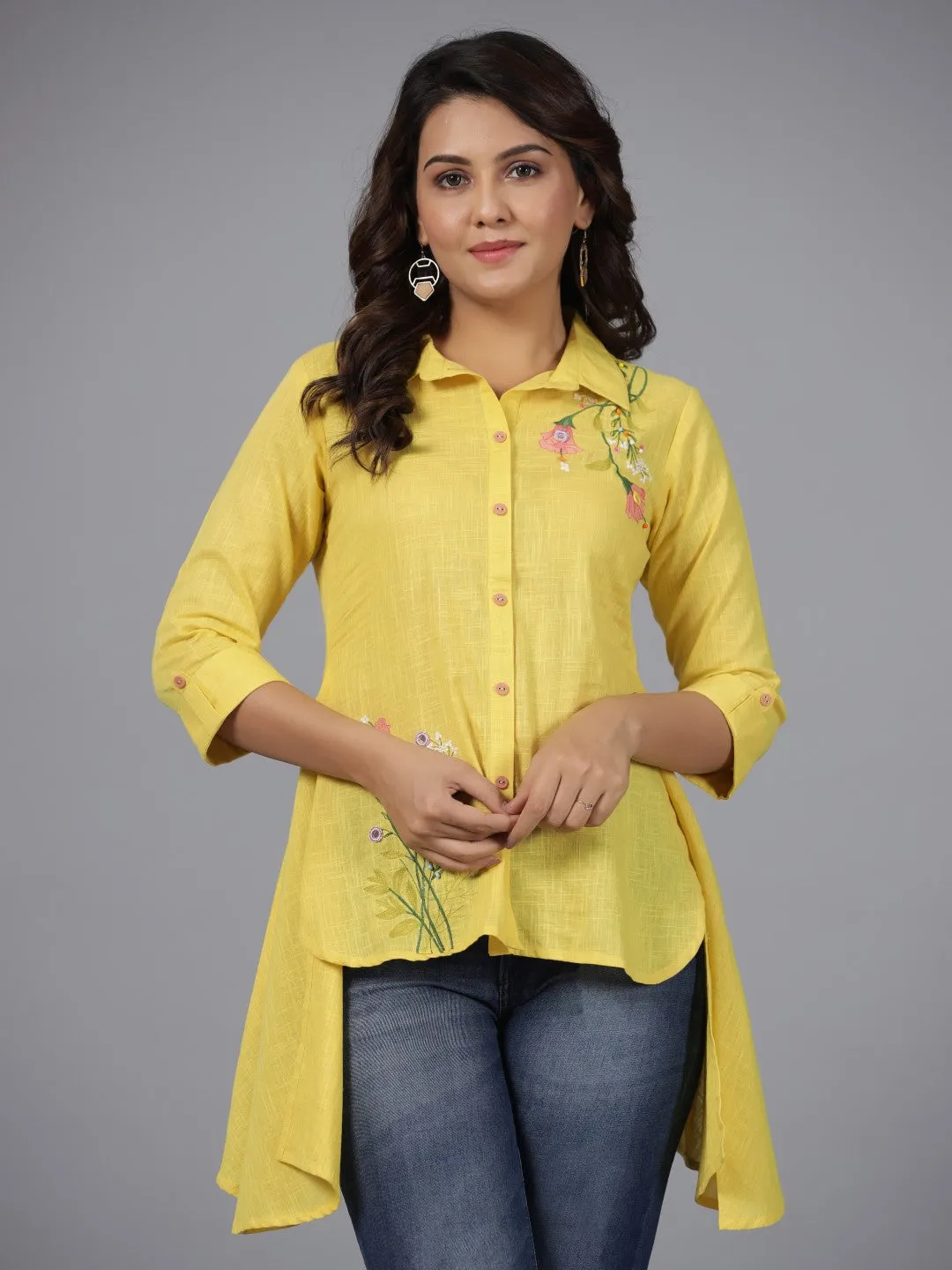 Jashvi Yellow Floral Printed Cotton Slub Tunic With Thread Work