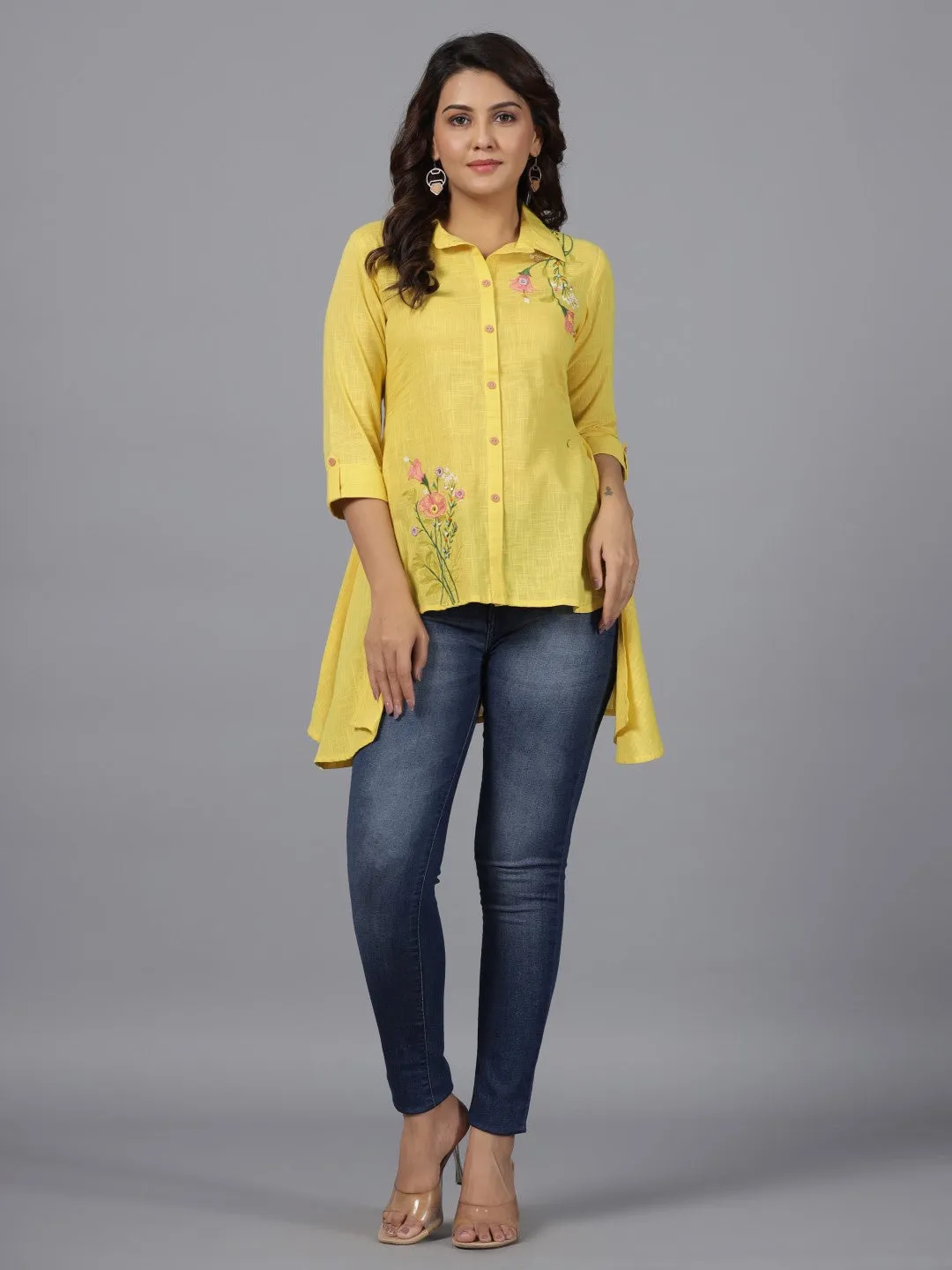 Jashvi Yellow Floral Printed Cotton Slub Tunic With Thread Work