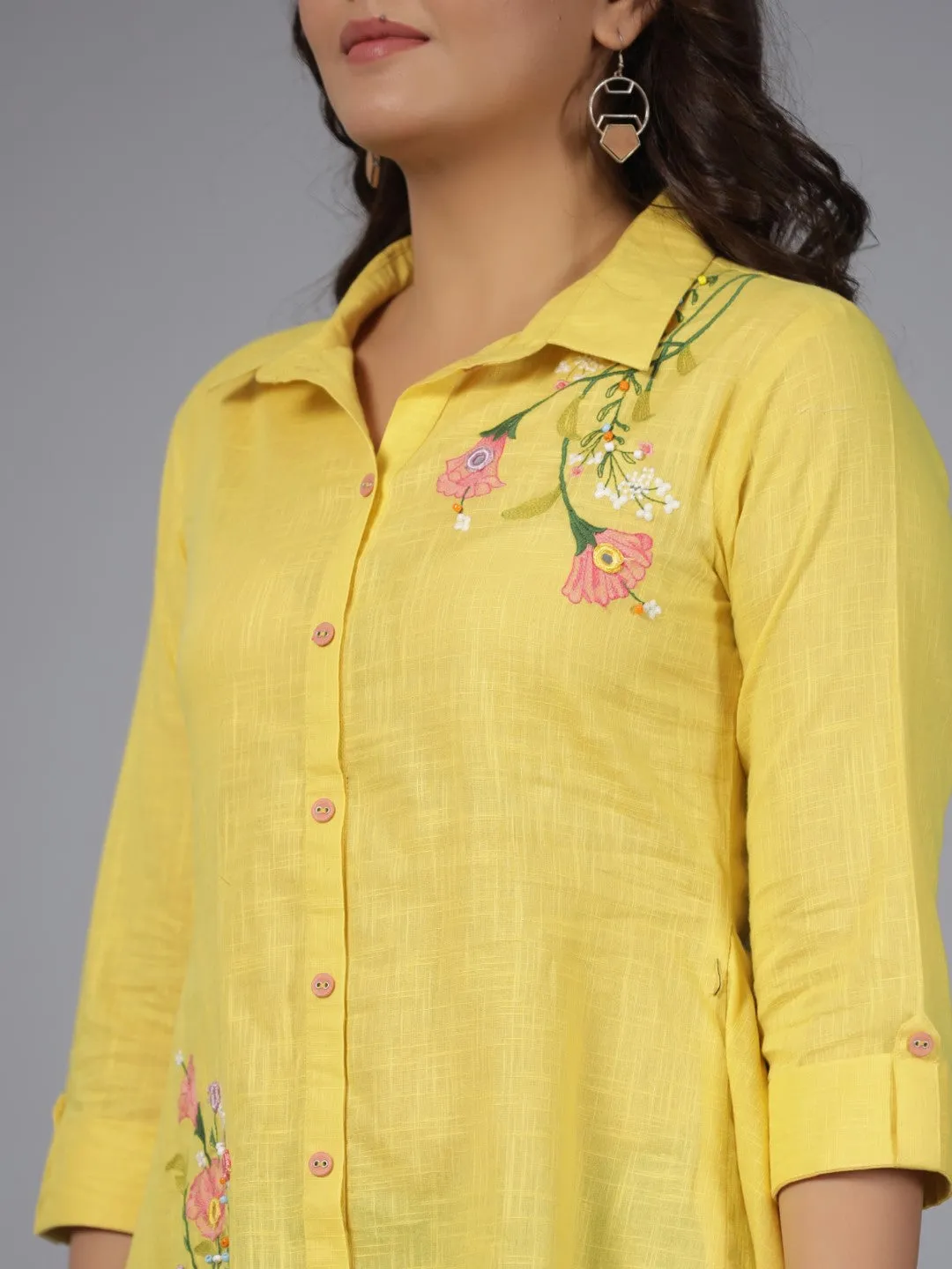 Jashvi Yellow Floral Printed Cotton Slub Tunic With Thread Work