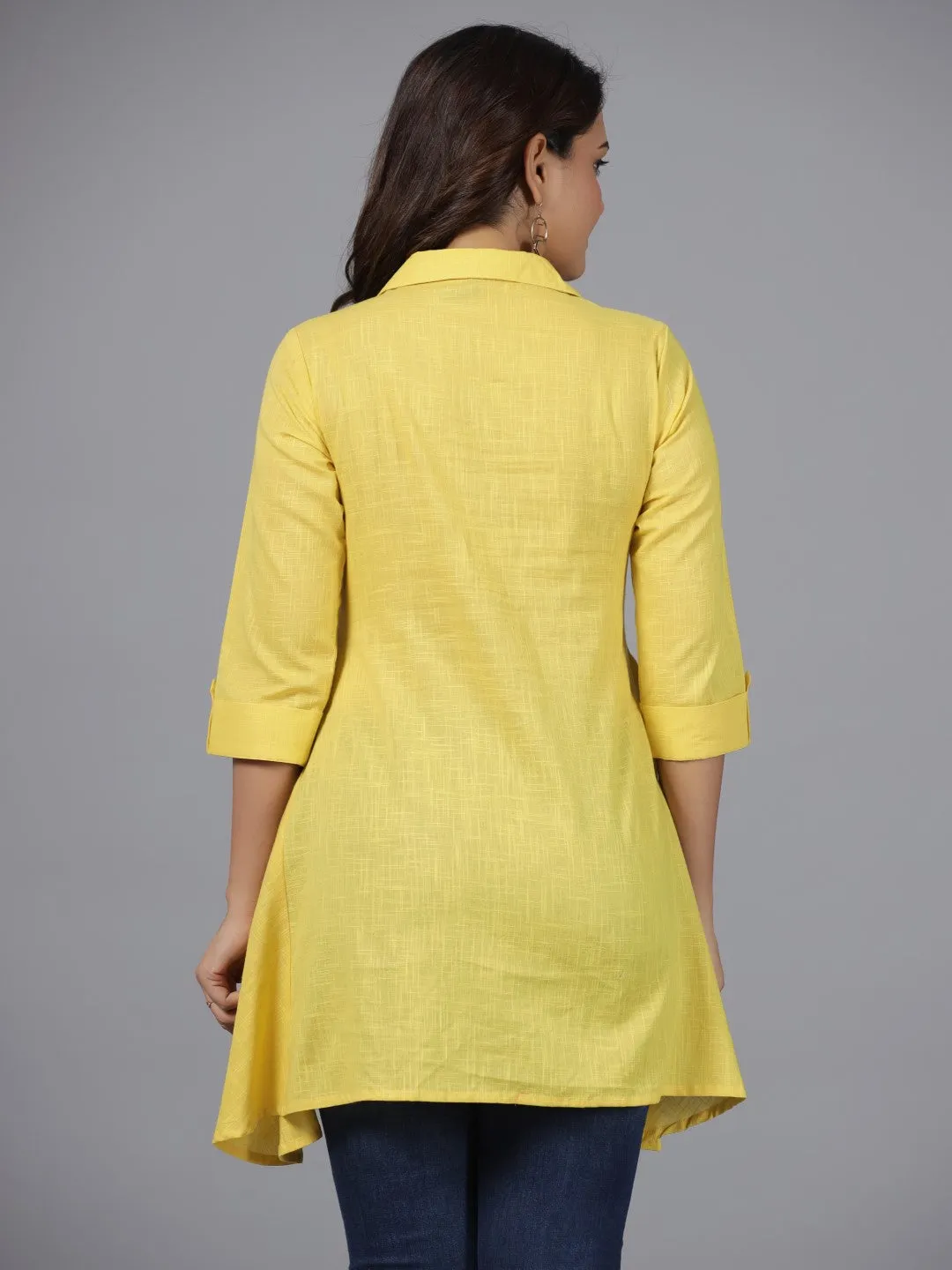 Jashvi Yellow Floral Printed Cotton Slub Tunic With Thread Work